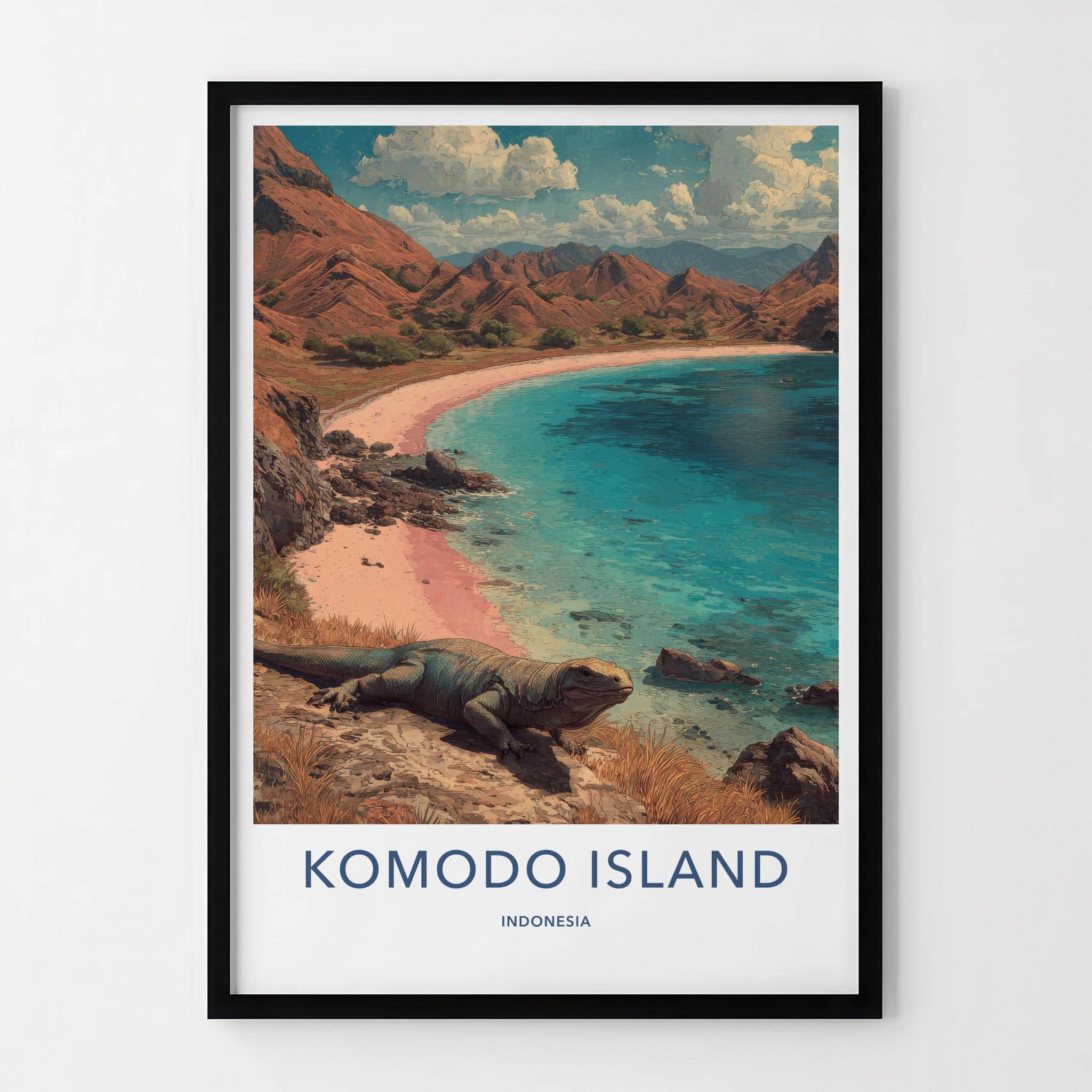 Komodo Island Poster - Indonesia Travel Art - Dragon Pink Beach Home Decor