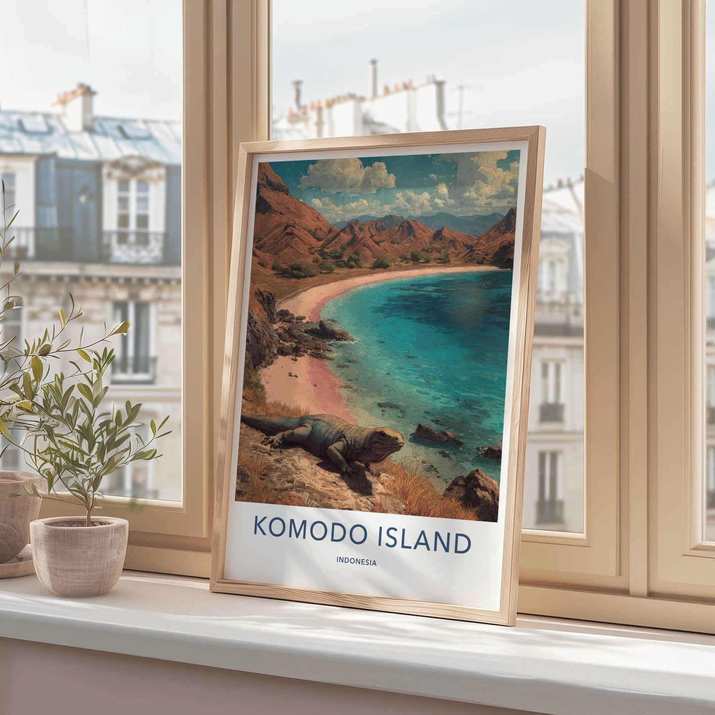 Komodo Island Poster - Indonesia Travel Art - Dragon Pink Beach Home Decor