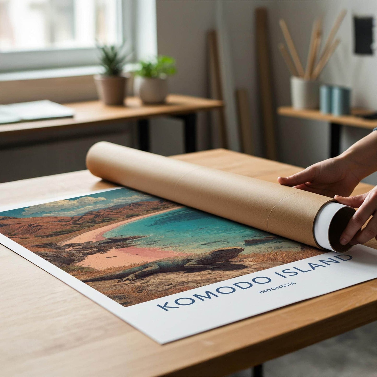 Komodo Island Poster - Indonesia Travel Art - Dragon Pink Beach Home Decor