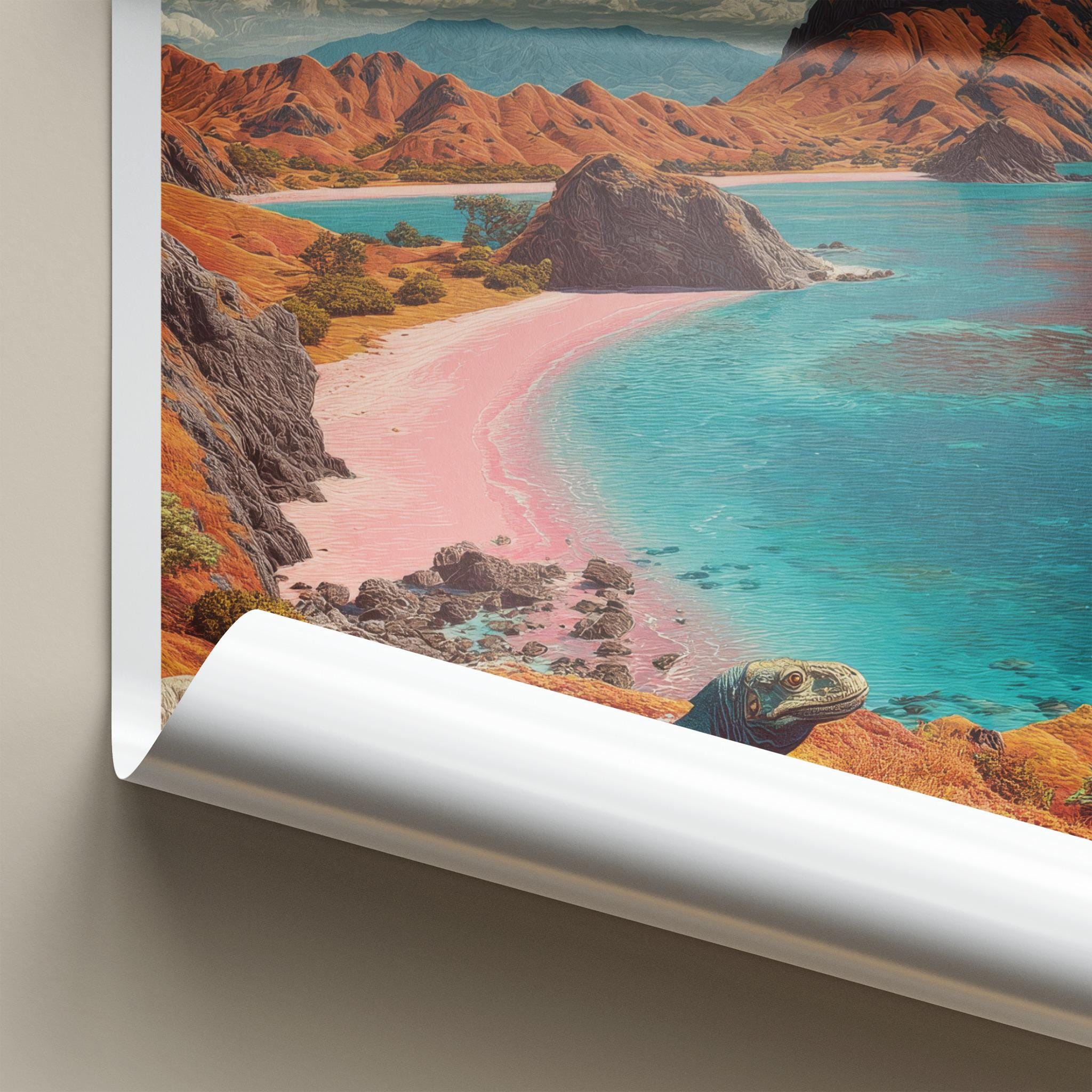 Komodo Island Poster - Indonesia Travel Art - Pink Beach Dragon Home Decor
