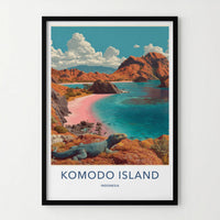 Komodo Island Poster - Indonesia Travel Art - Pink Beach Dragon Home Decor