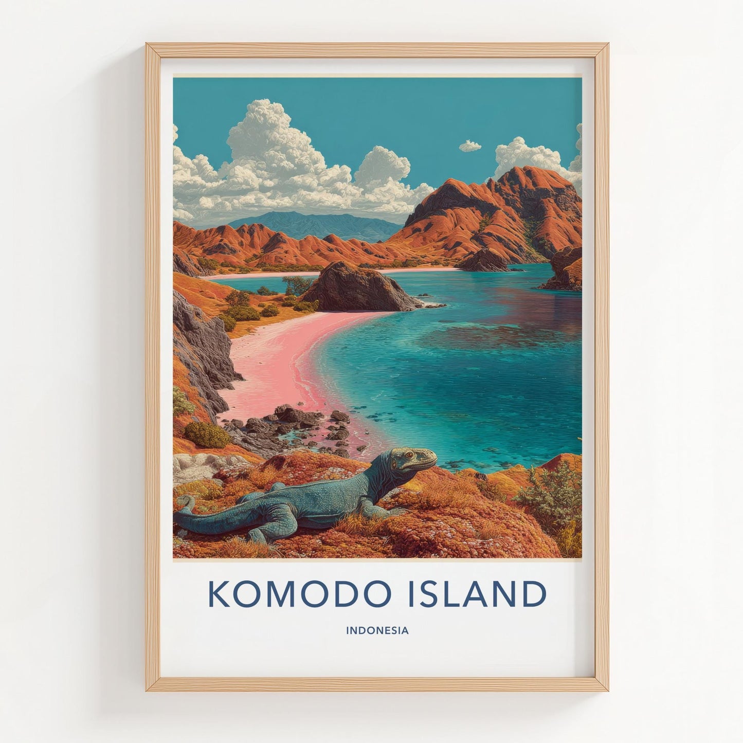 Komodo Island Poster - Indonesia Travel Art - Pink Beach Dragon Home Decor