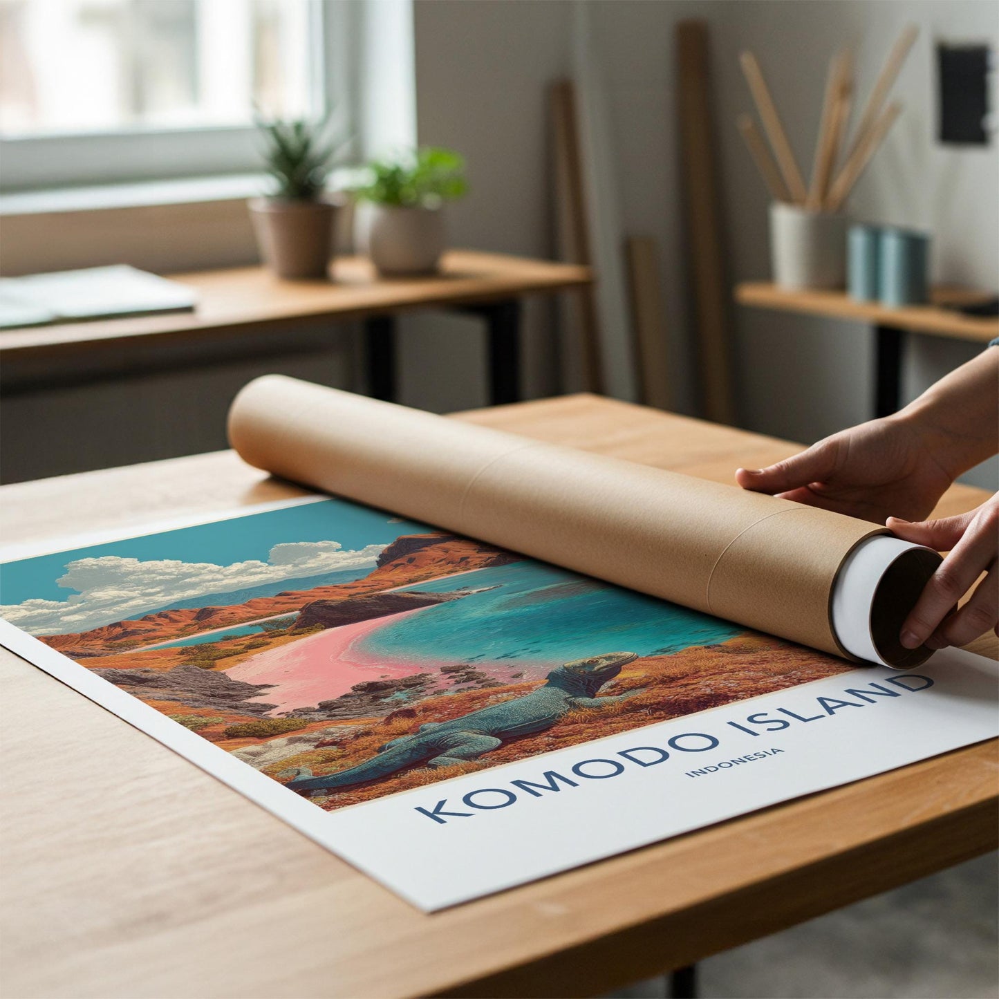 Komodo Island Poster - Indonesia Travel Art - Pink Beach Dragon Home Decor