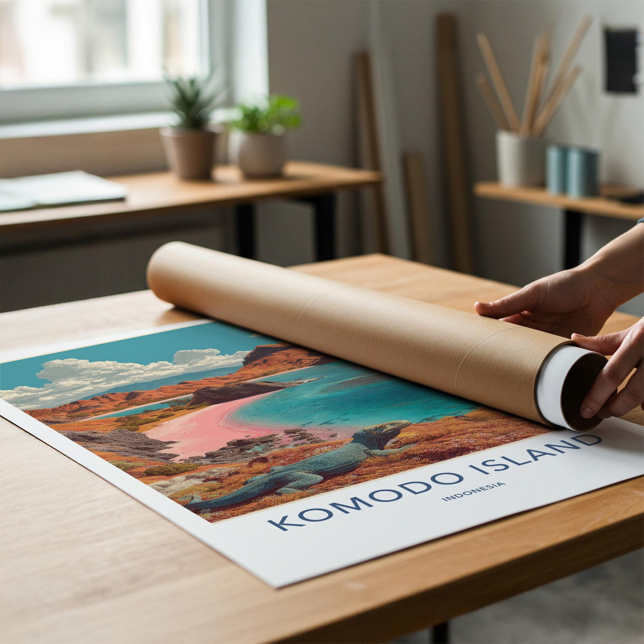 Komodo Island Poster - Indonesia Travel Art - Pink Beach Dragon Home Decor