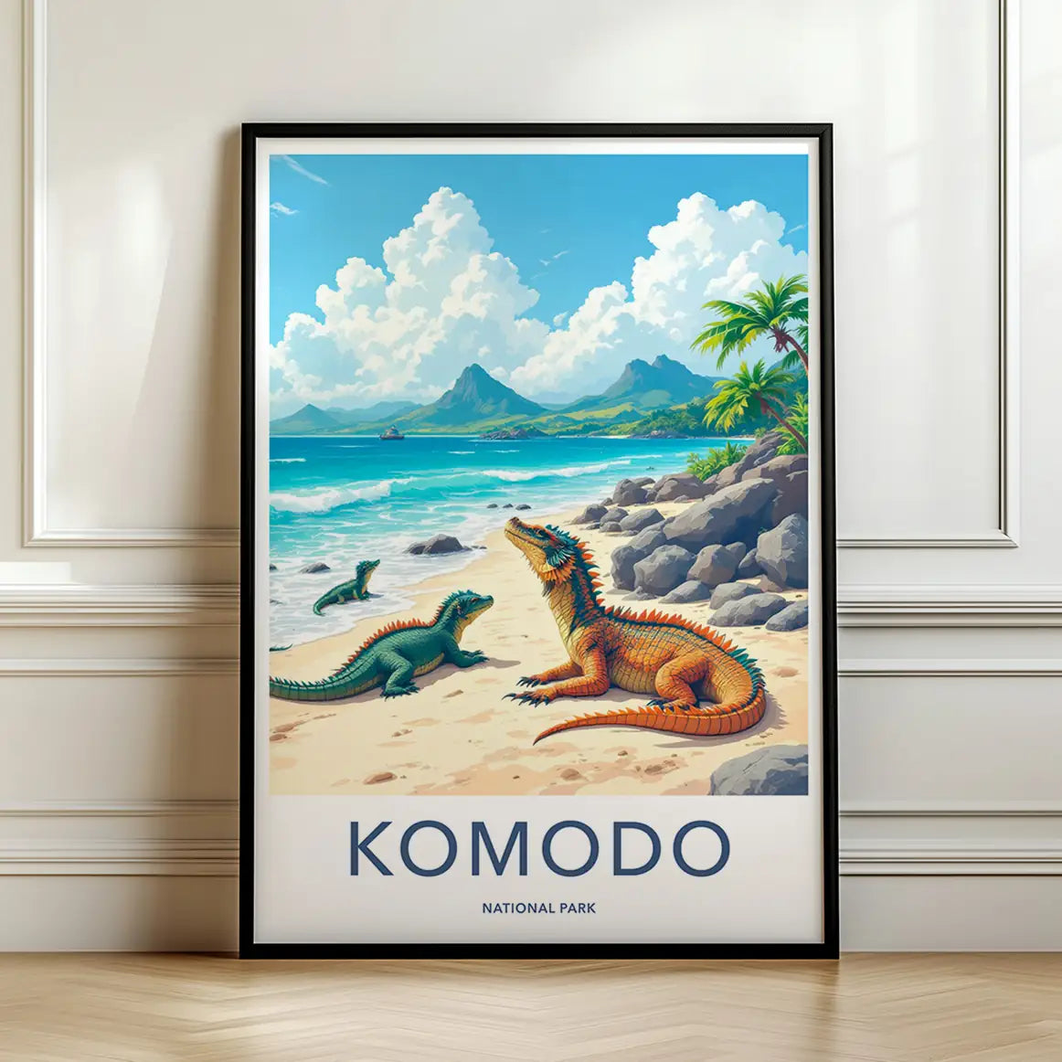 Framed poster of Komodo dragons on a beach with mountains and ocean in the background.