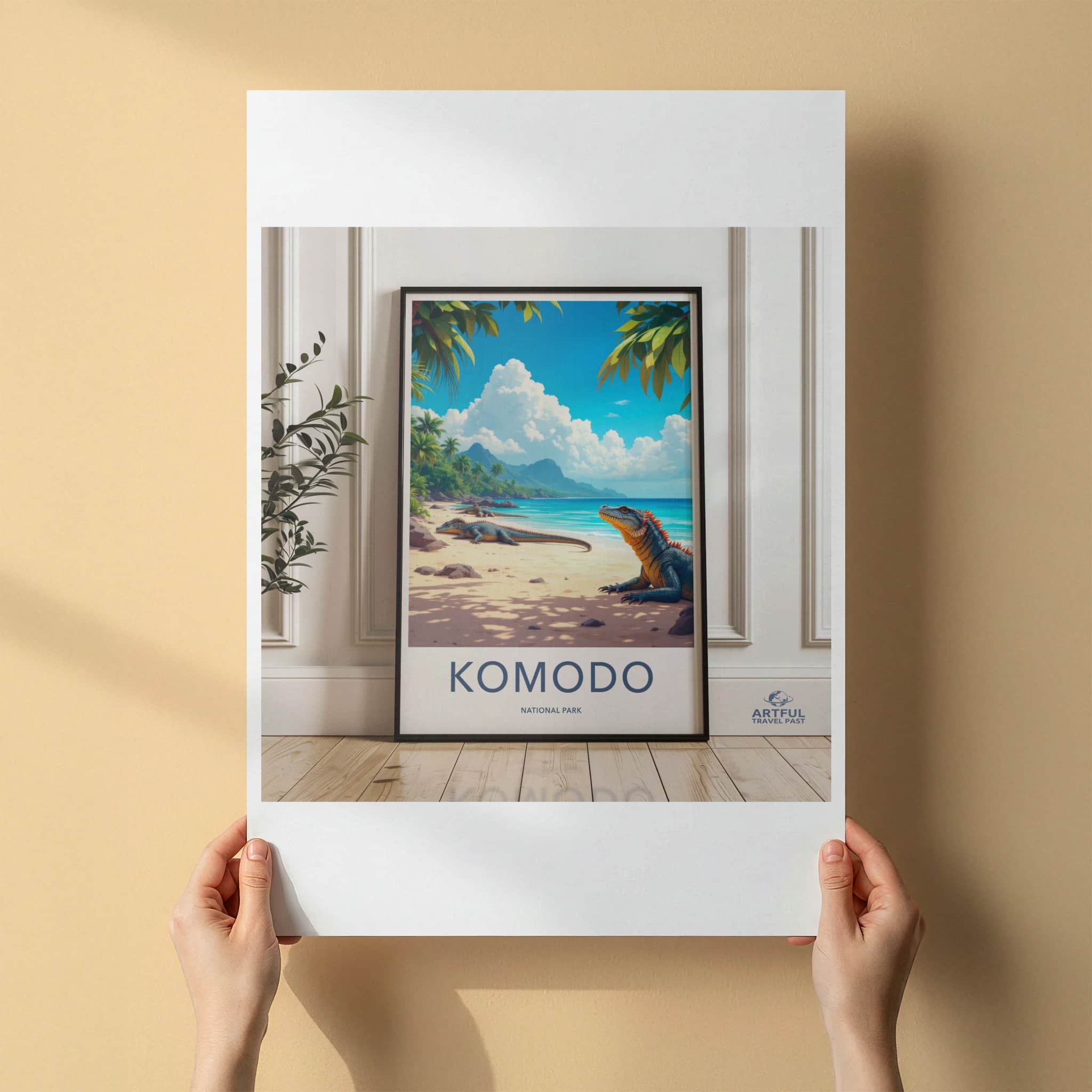 Komodo National Park Poster - Indonesia Travel Art - Lizard Beach Ocean Home Decor