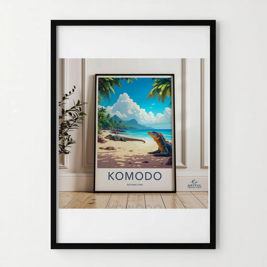 Komodo National Park Poster - Indonesia Travel Art - Lizard Beach Ocean Home Decor