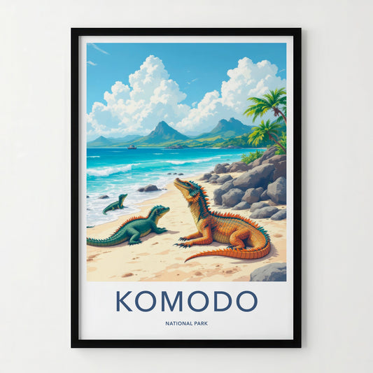 Komodo National Park Poster - Indonesia Wall Art - Dragons Tropical Beach Gift
