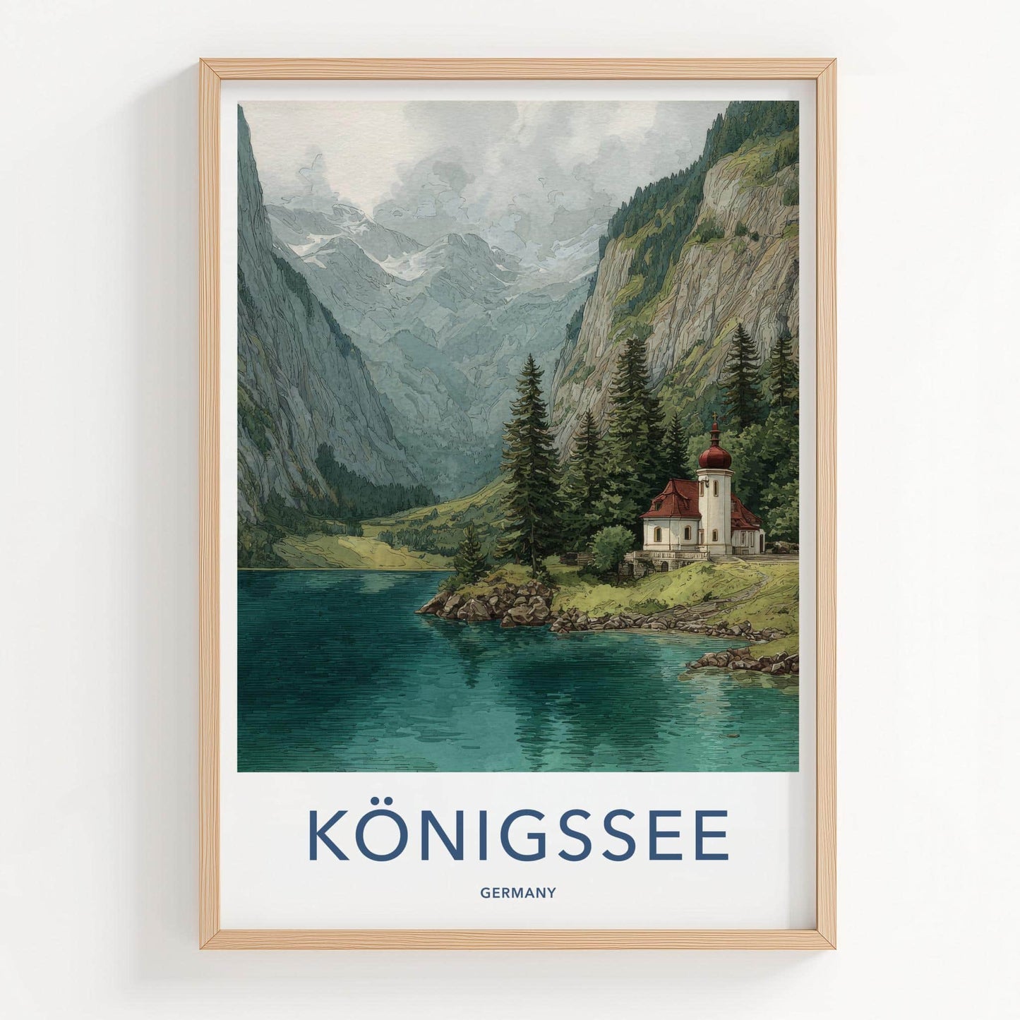 Konigssee Poster - Germany Travel Art - Alpine Lake Chapel Wall Decor