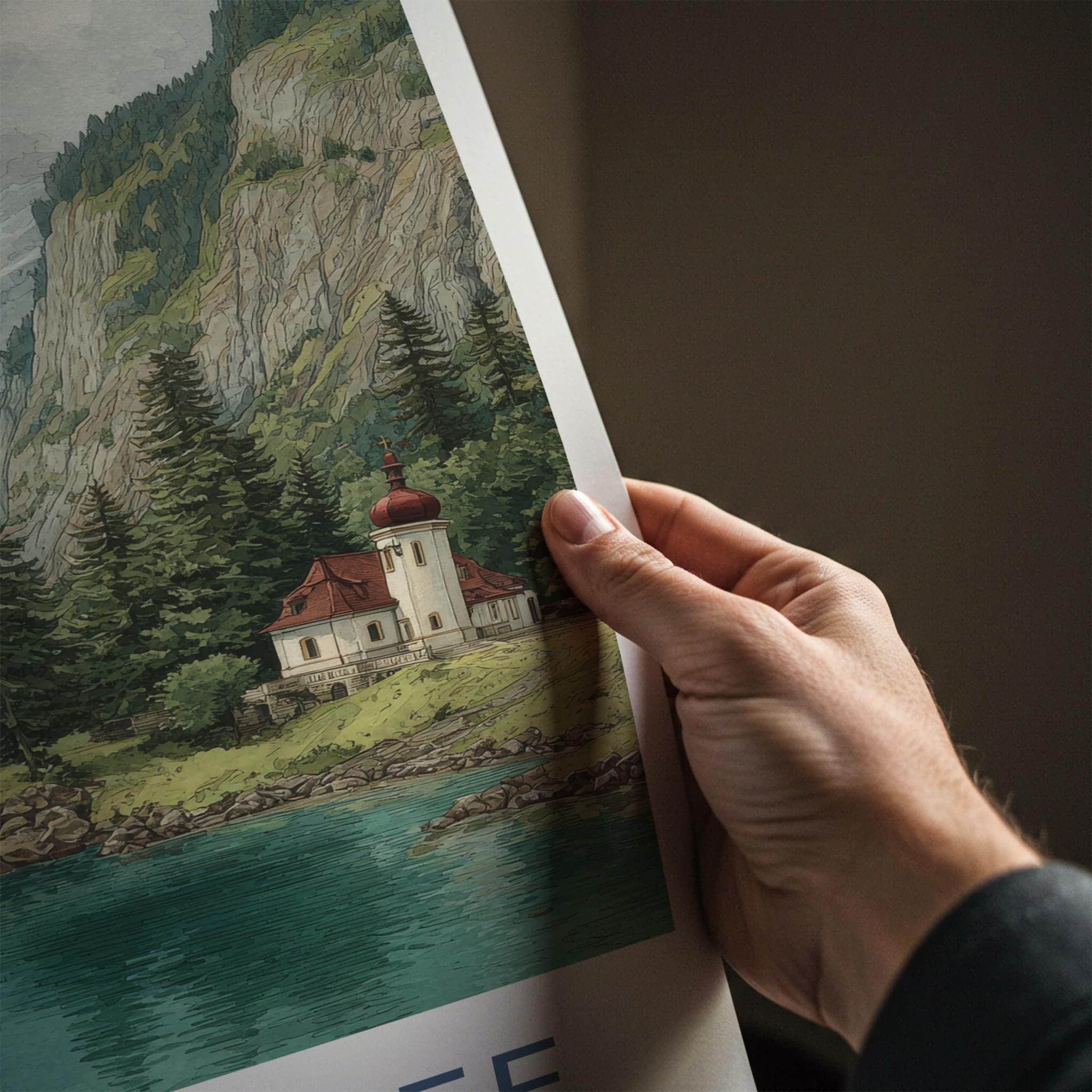 Konigssee Poster - Germany Travel Art - Alpine Lake Chapel Wall Decor
