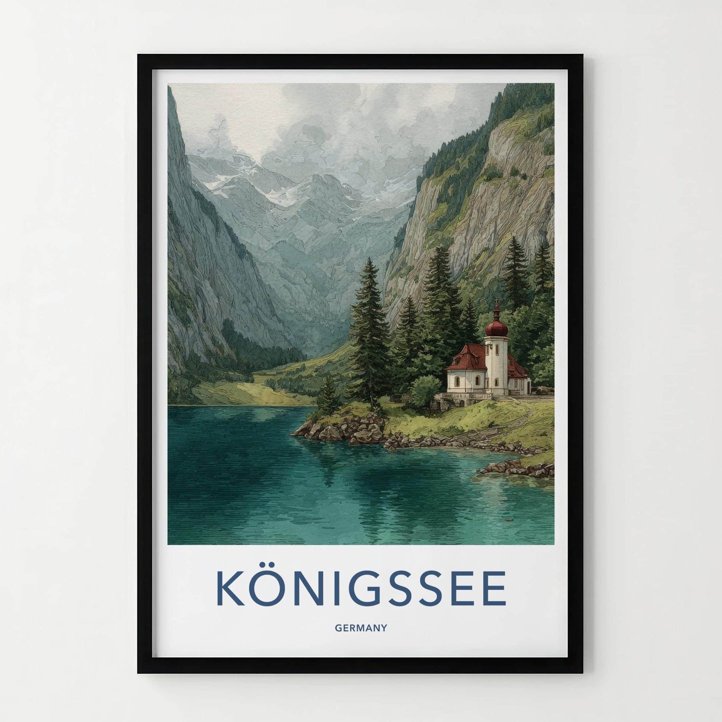 Konigssee Poster - Germany Travel Art - Alpine Lake Chapel Wall Decor