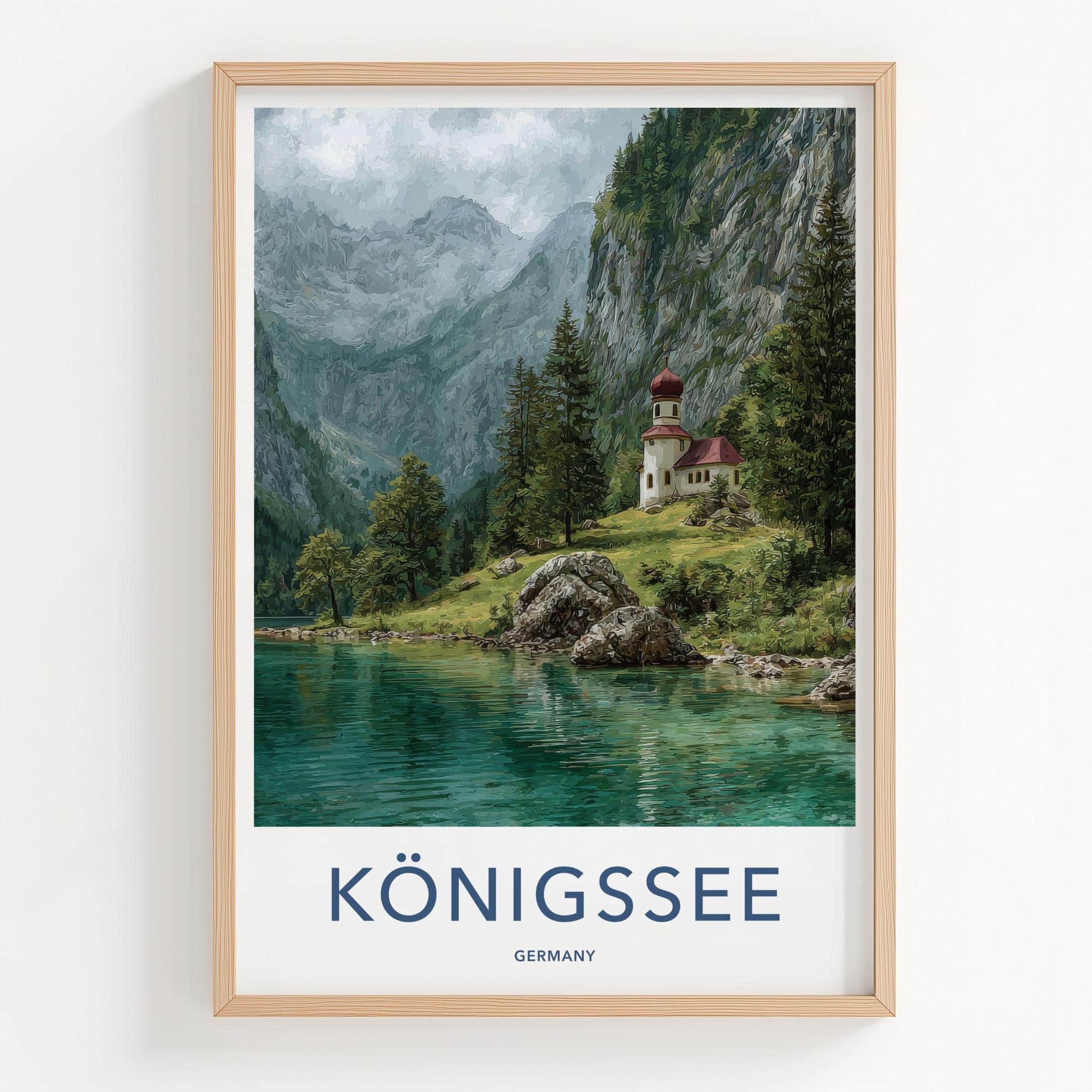 Konigssee Poster - Germany Travel Art - Alpine Lake Church Wall Decor