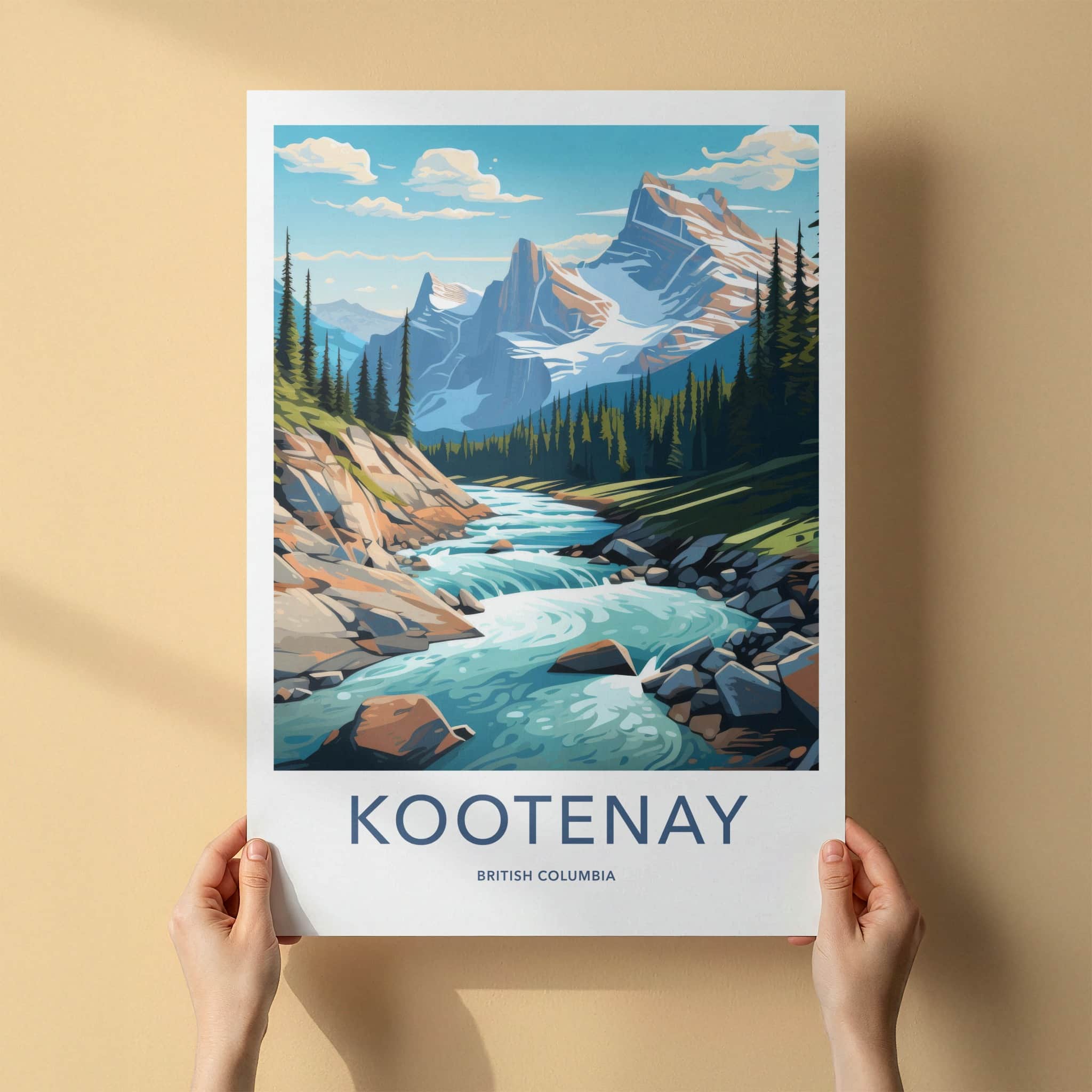 Kootenay Poster - British Columbia Travel Art - Alpine River Valley Wall Decor