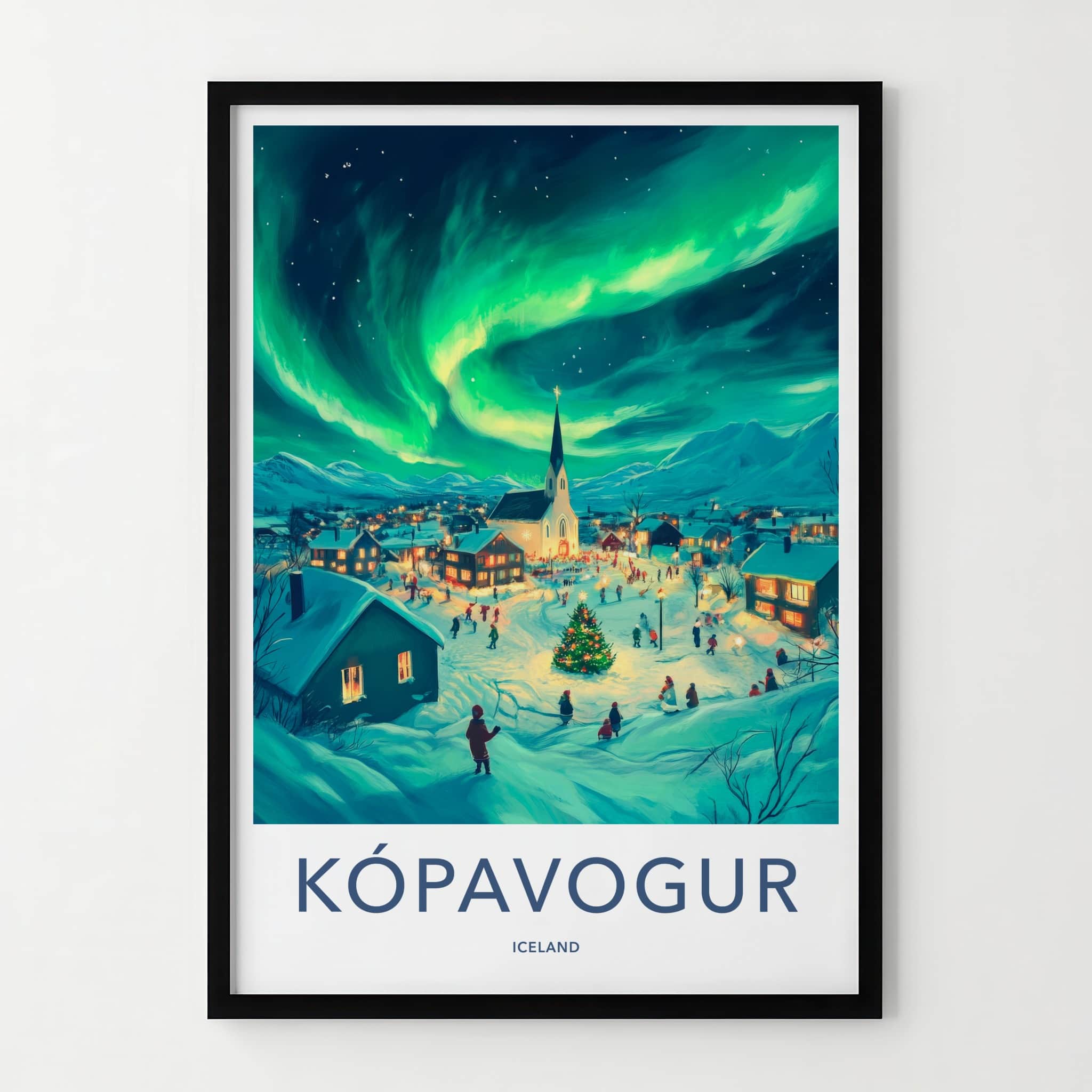 Kopavogur Poster - Iceland Travel Art - Aurora Borealis Night Home Decor