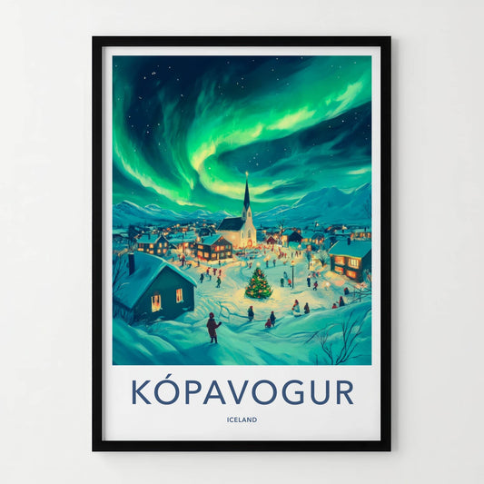 Kopavogur Poster - Iceland Travel Art - Aurora Borealis Night Home Decor