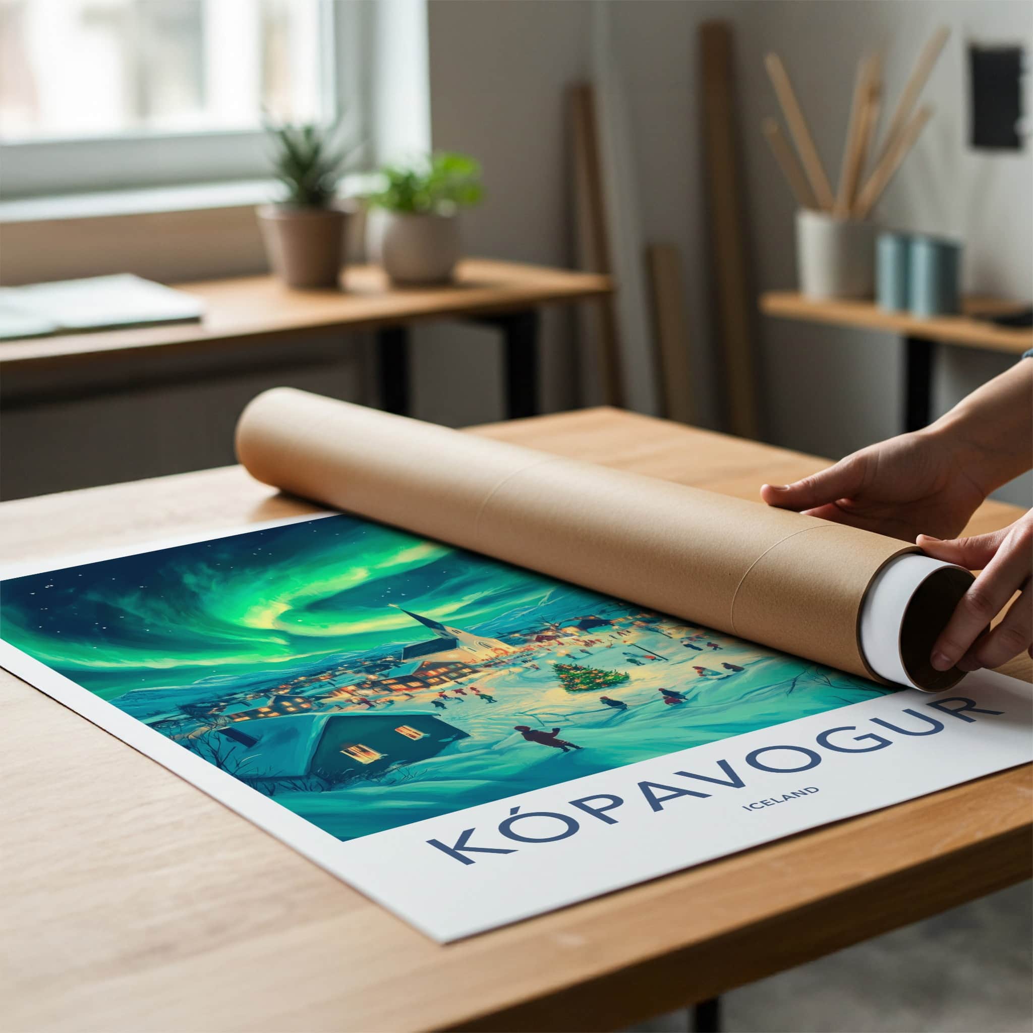 Kopavogur Poster - Iceland Travel Art - Aurora Borealis Night Home Decor