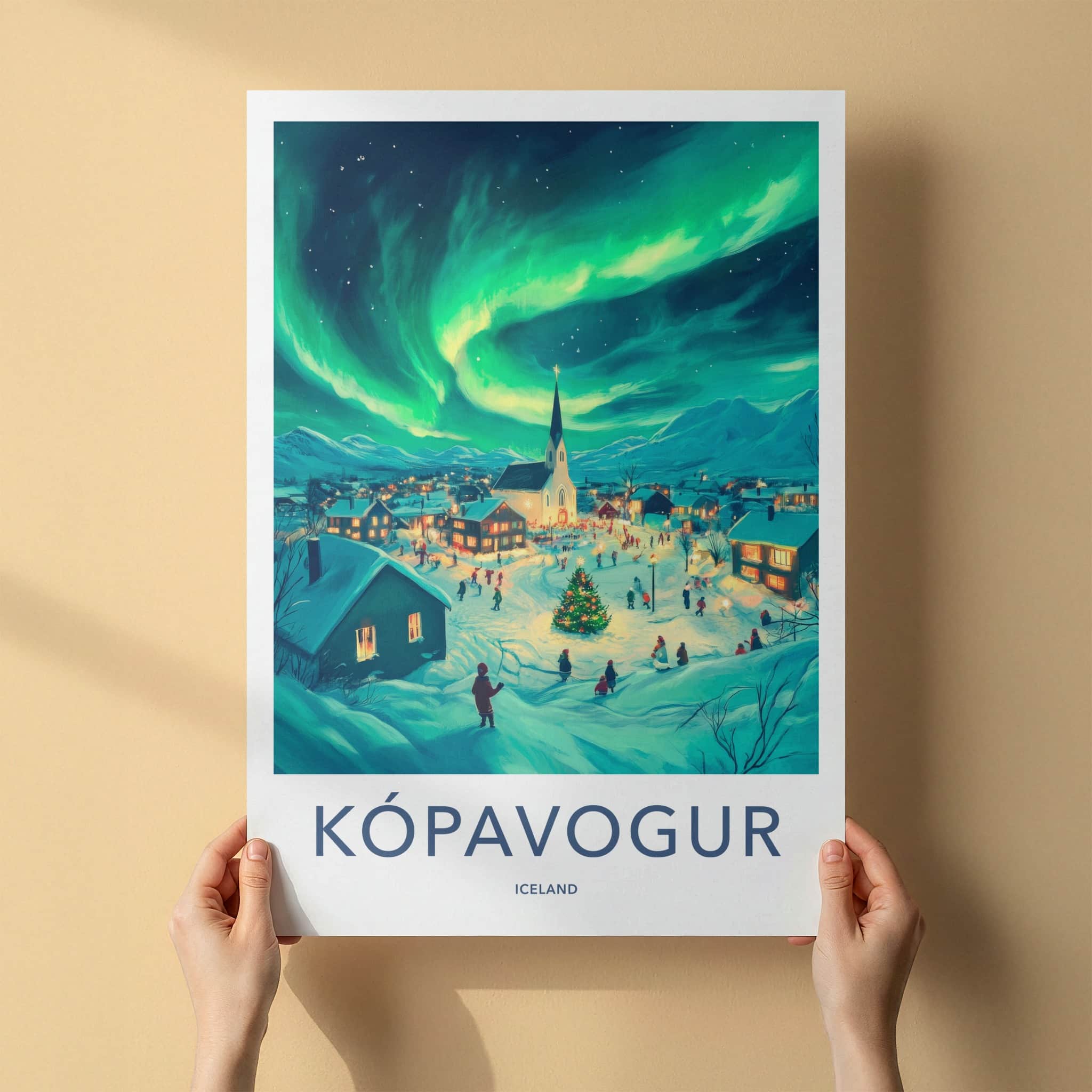 Kopavogur Poster - Iceland Travel Art - Aurora Borealis Night Home Decor