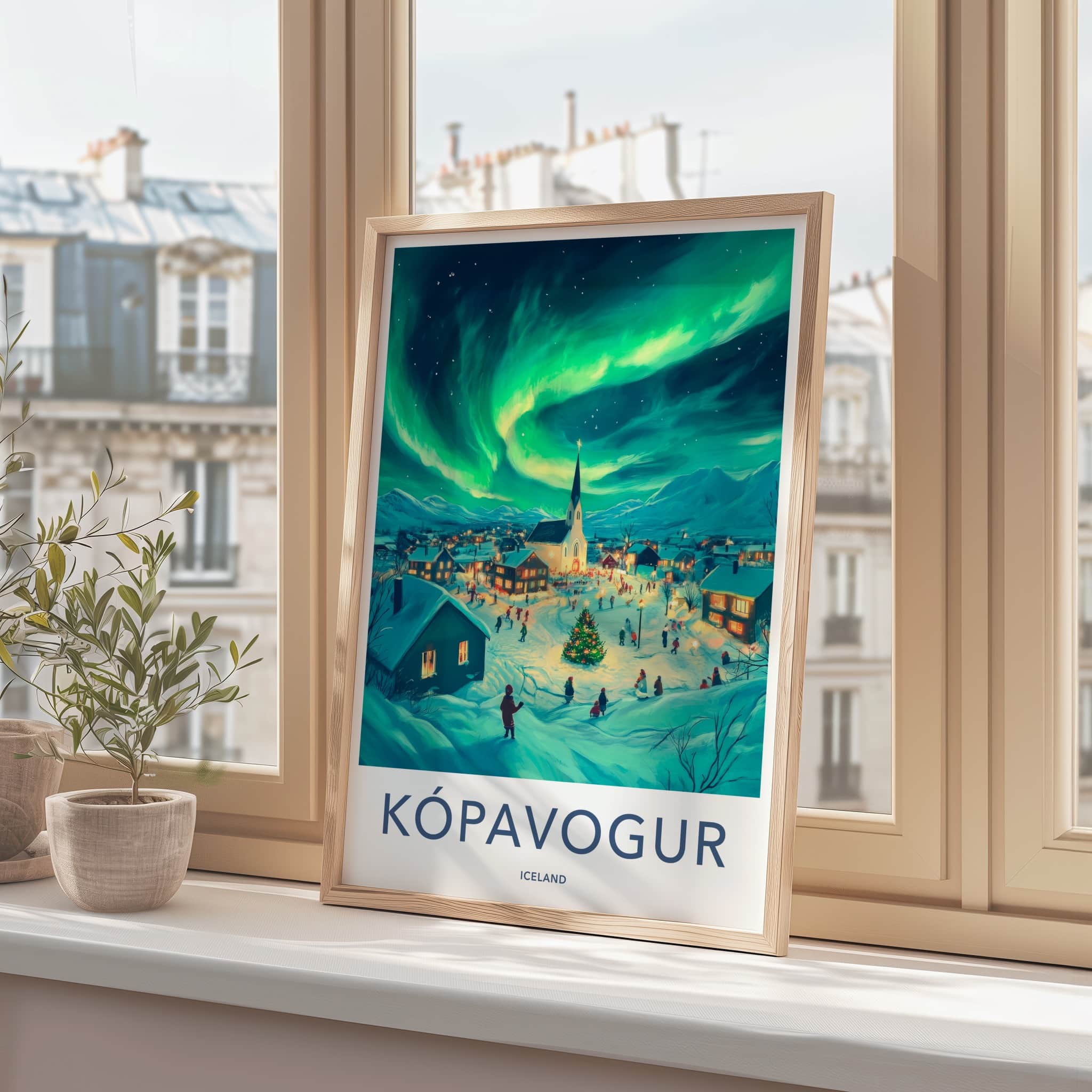 Kopavogur Poster - Iceland Travel Art - Aurora Borealis Night Home Decor