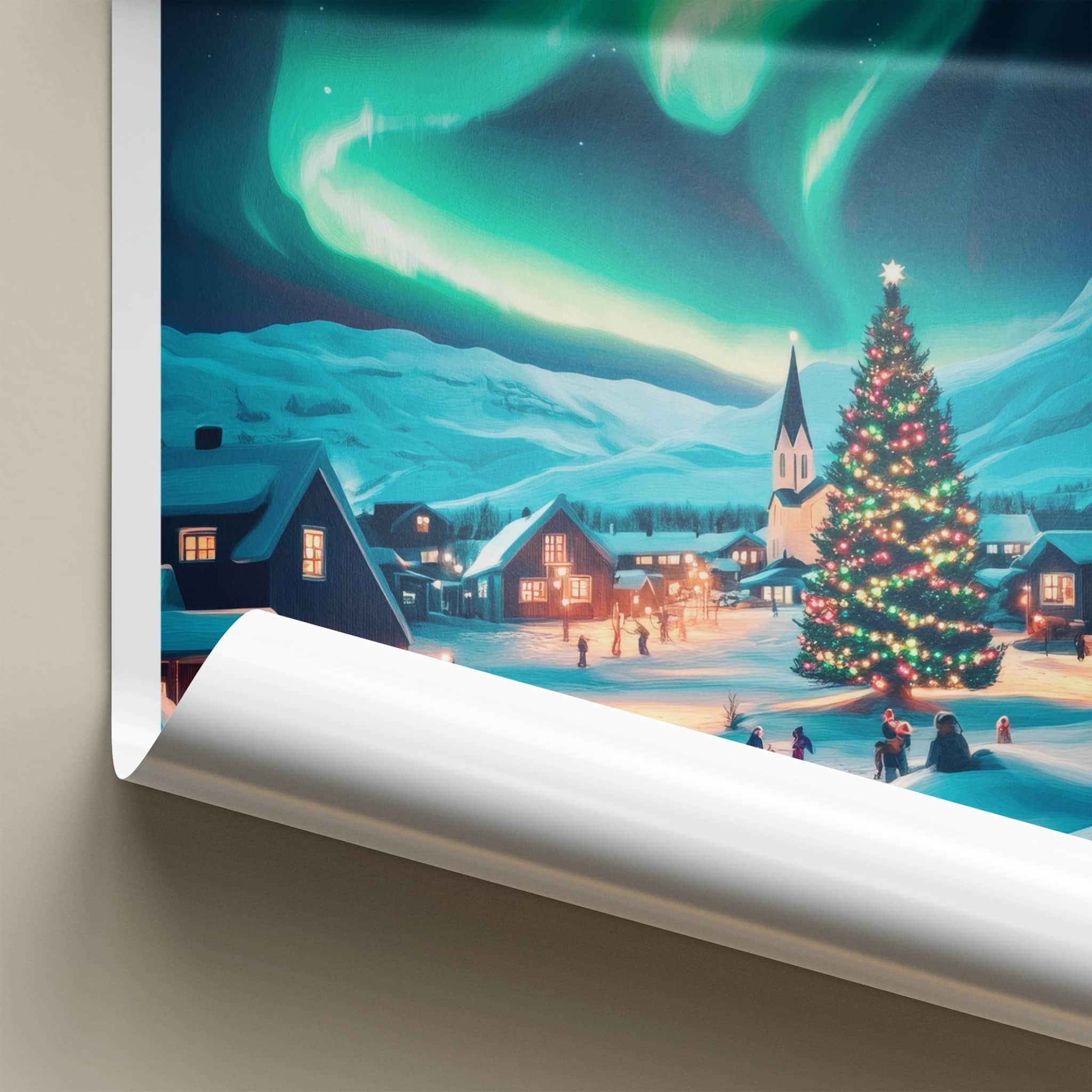Kopavogur Poster - Iceland Travel Art - Glowing Christmas Village Home Decor