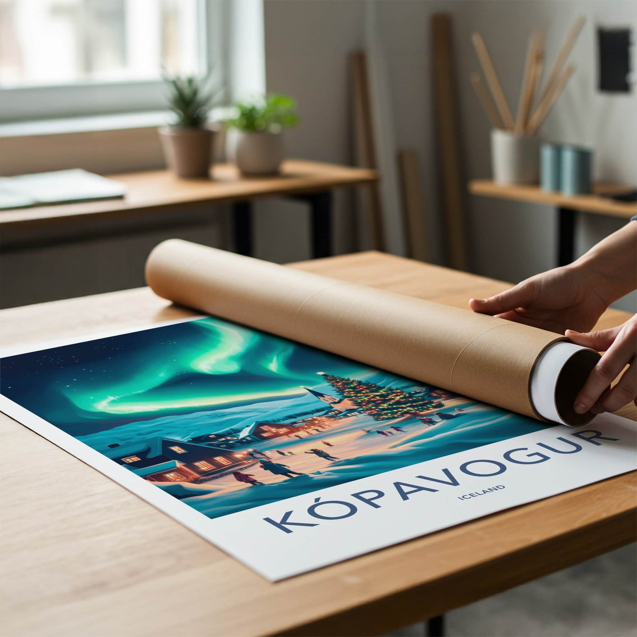 Kopavogur Poster - Iceland Travel Art - Glowing Christmas Village Home Decor