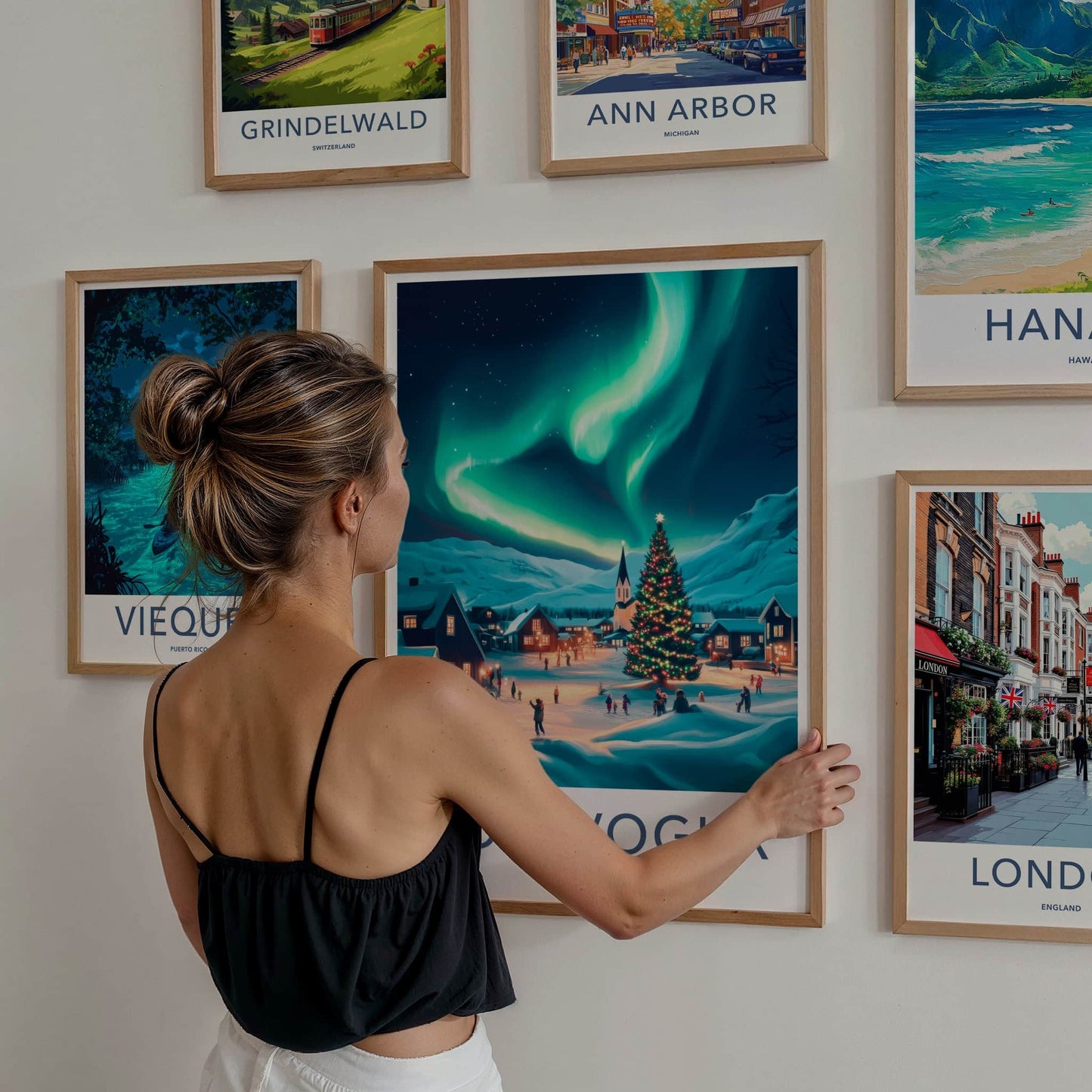 Kopavogur Poster - Iceland Travel Art - Glowing Christmas Village Home Decor