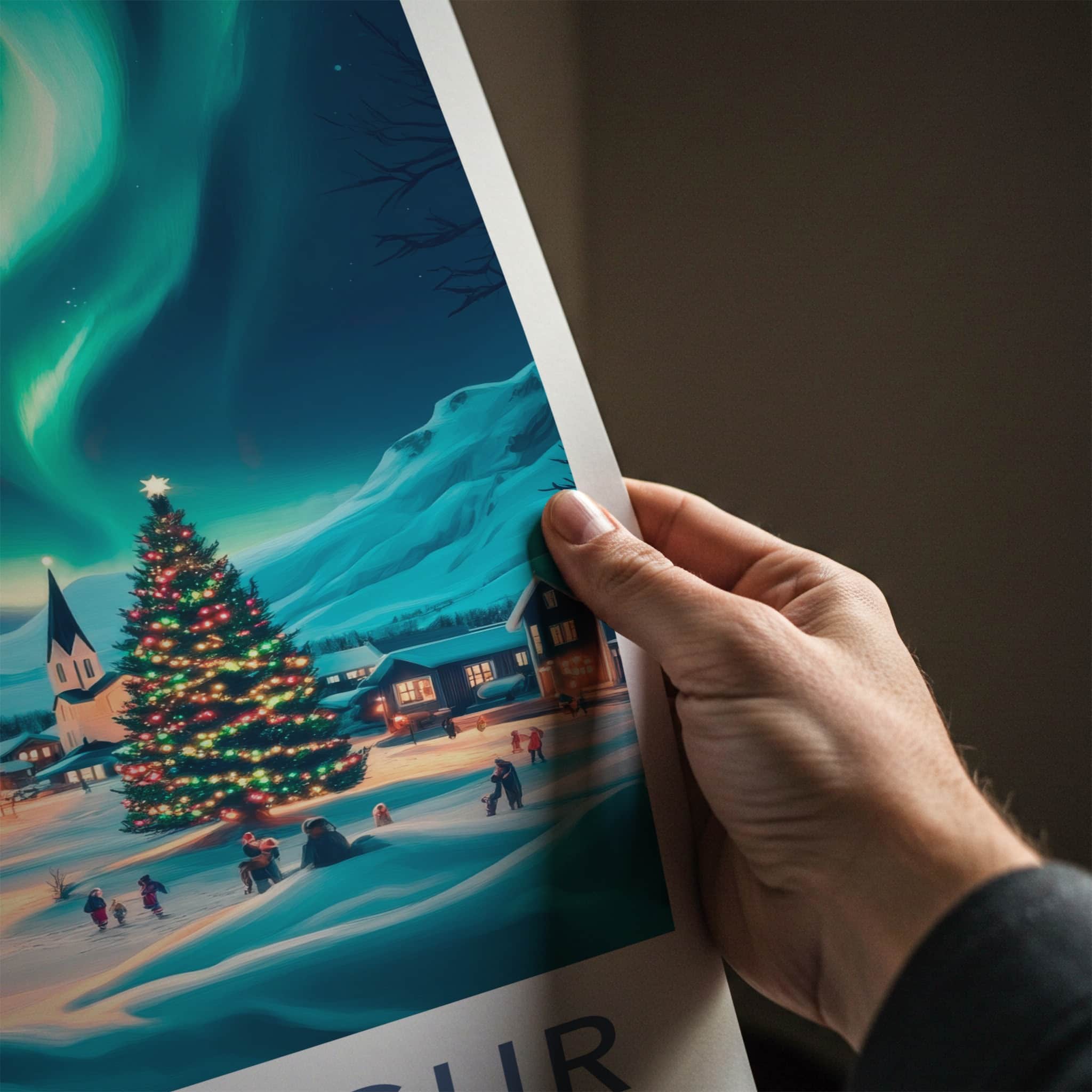 Kopavogur Poster - Iceland Travel Art - Glowing Christmas Village Home Decor