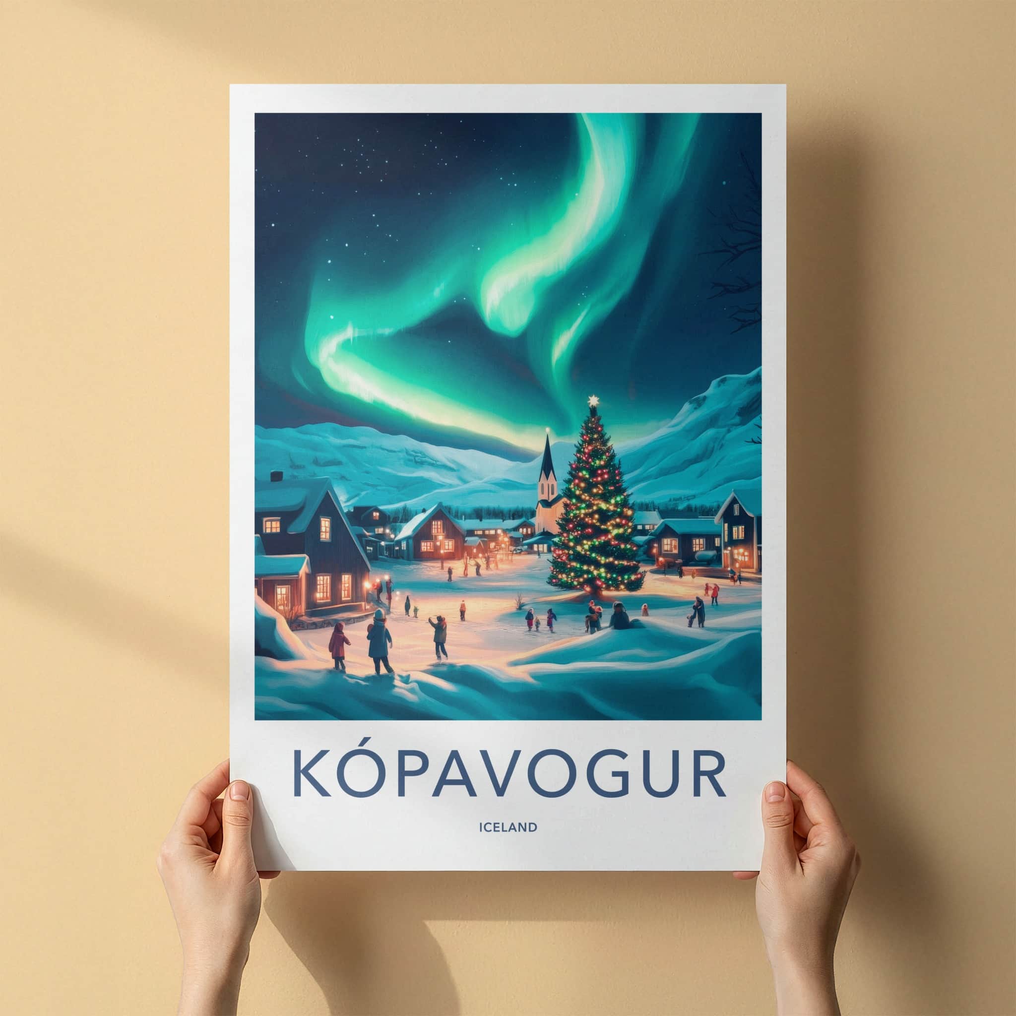 Kopavogur Poster - Iceland Travel Art - Glowing Christmas Village Home Decor