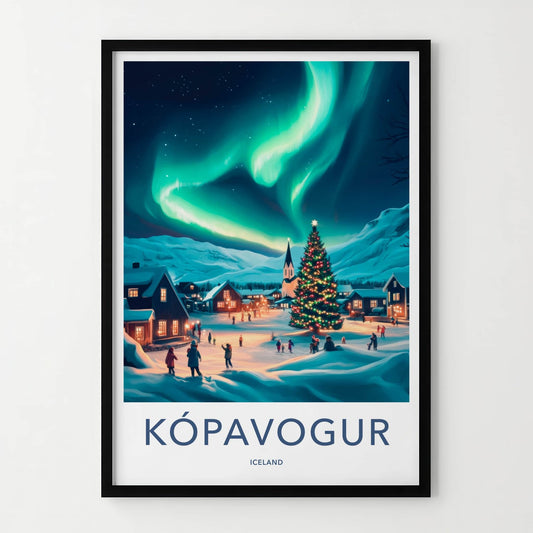 Kopavogur Poster - Iceland Travel Art - Glowing Christmas Village Home Decor