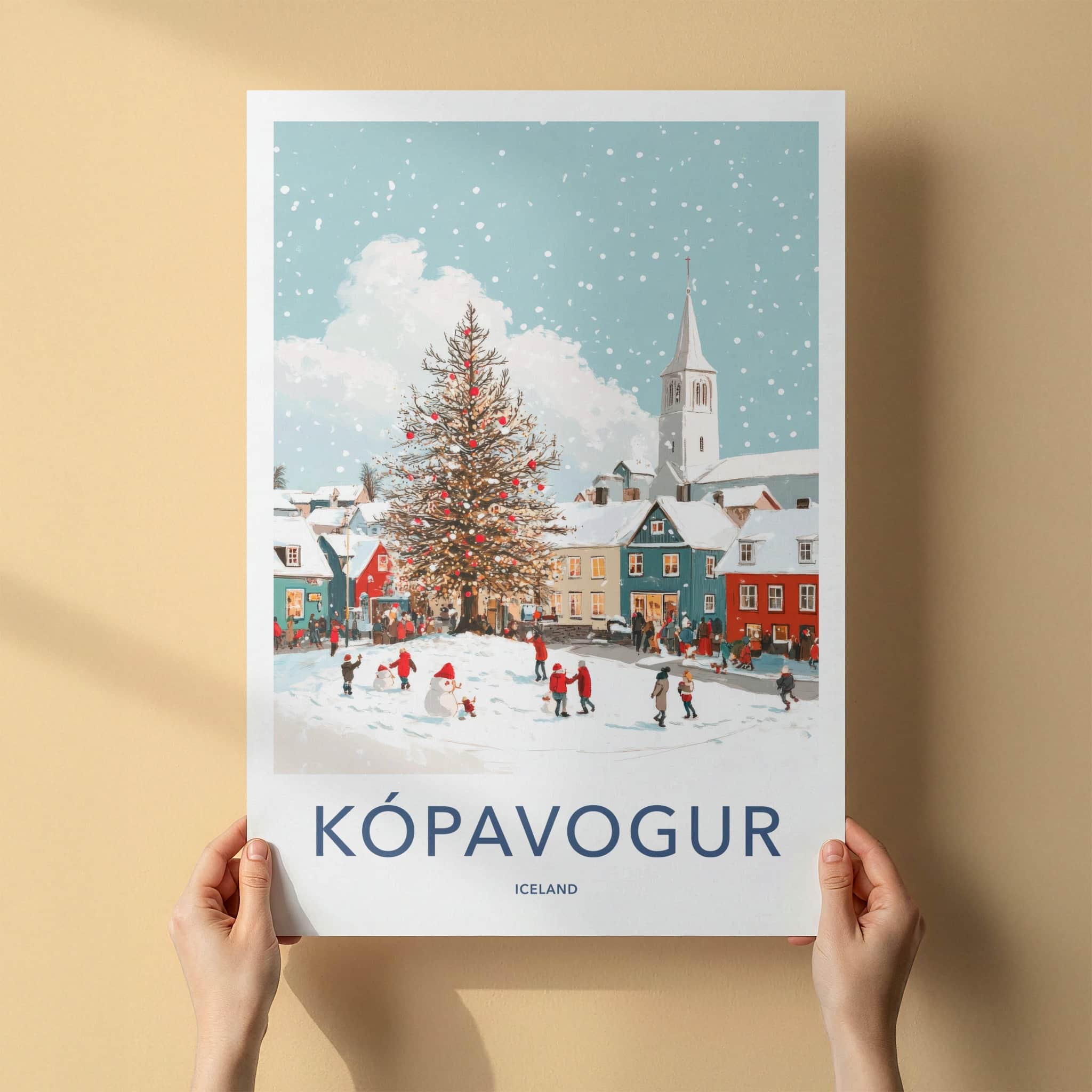 Kopavogur Poster - Iceland Travel Art - Snowy Town Christmas Home Decor
