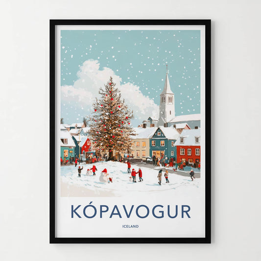 Kopavogur Poster - Iceland Travel Art - Snowy Town Christmas Home Decor
