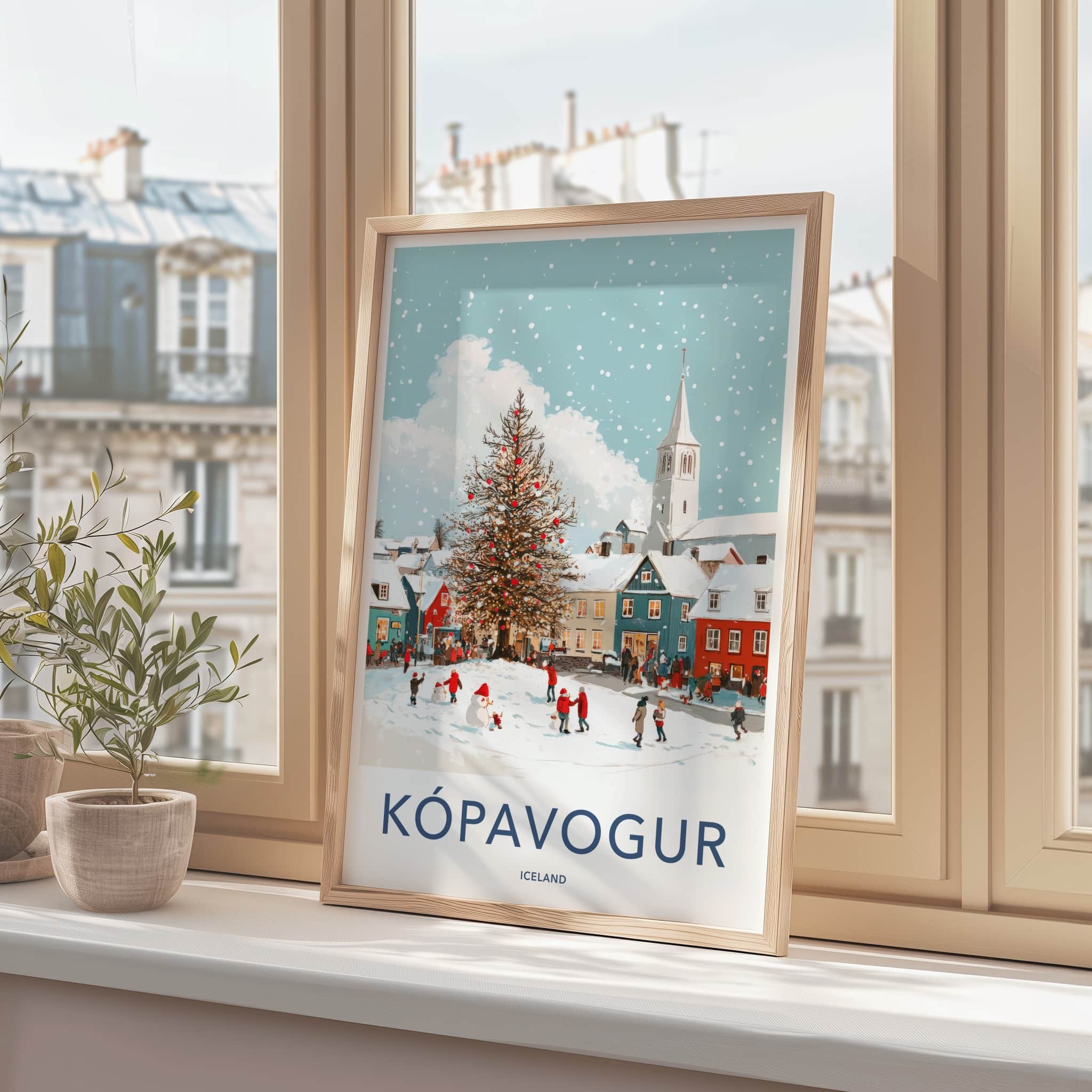 Kopavogur Poster - Iceland Travel Art - Snowy Town Christmas Home Decor