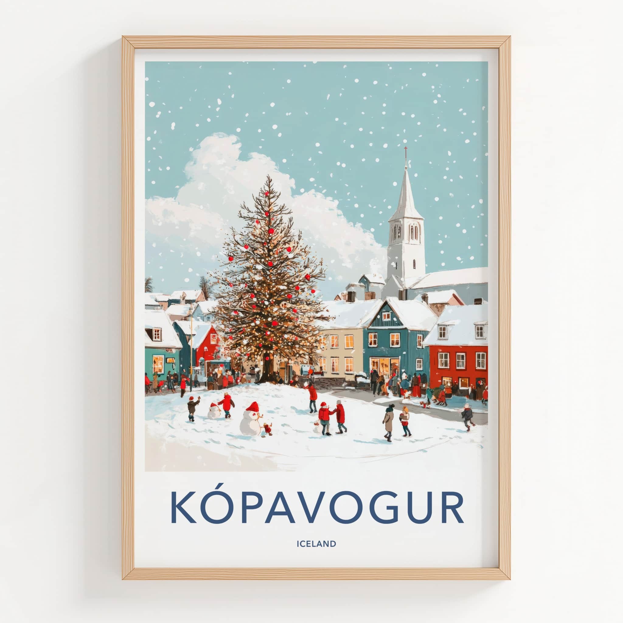 Kopavogur Poster - Iceland Travel Art - Snowy Town Christmas Home Decor