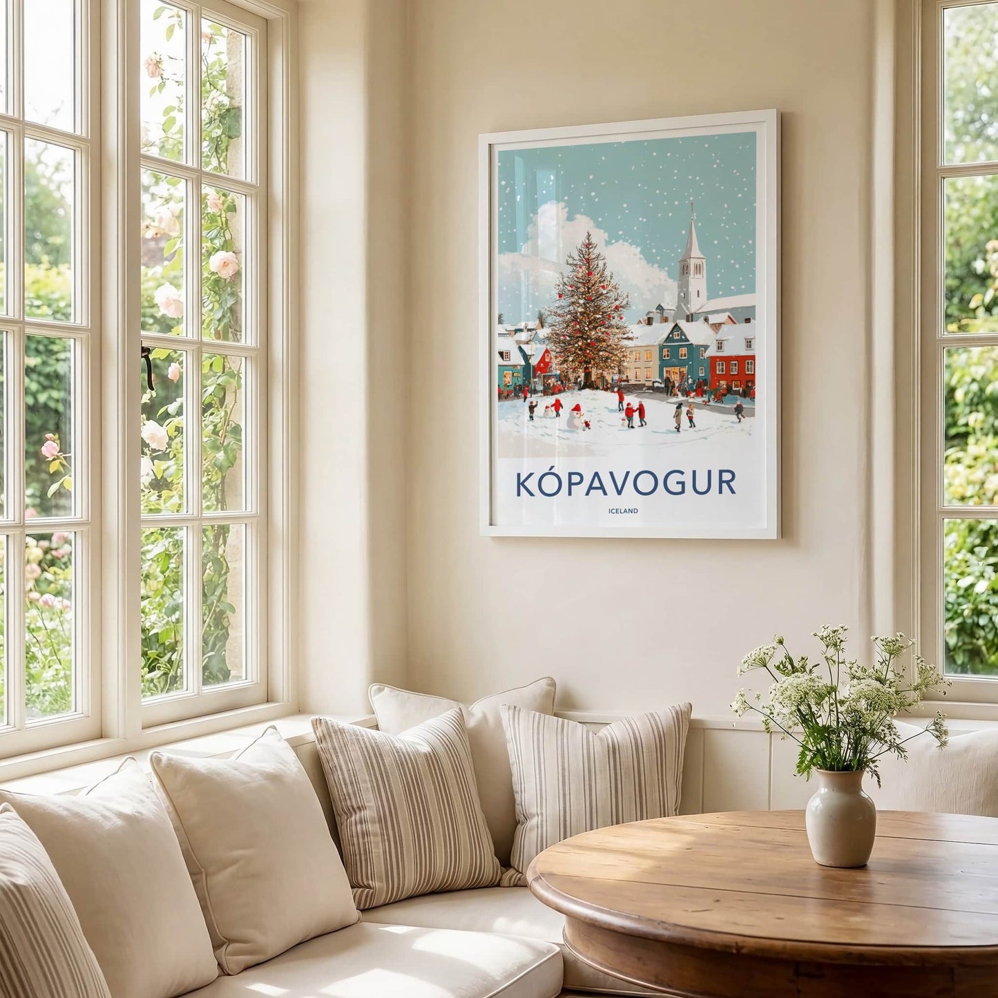 Kopavogur Poster - Iceland Travel Art - Snowy Town Christmas Home Decor