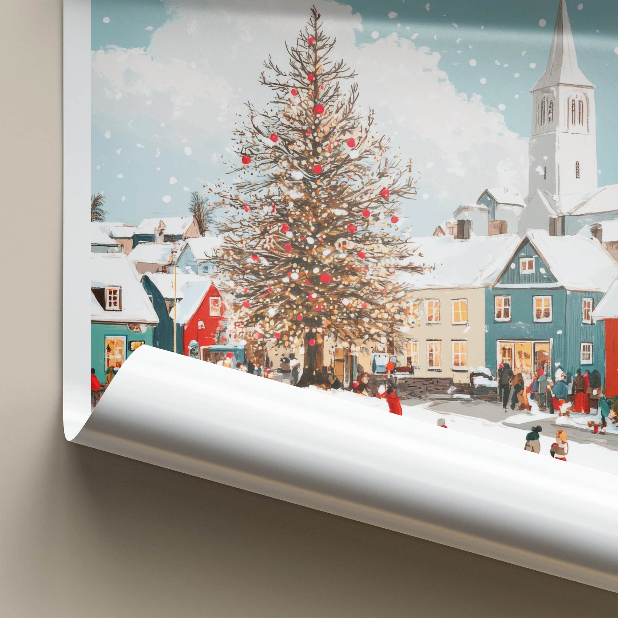 Kopavogur Poster - Iceland Travel Art - Snowy Town Christmas Home Decor