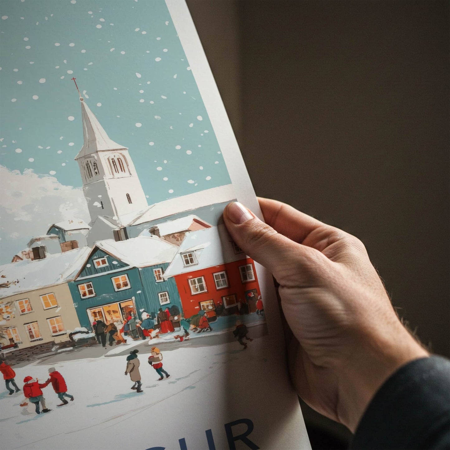 Kopavogur Poster - Iceland Travel Art - Snowy Town Christmas Home Decor