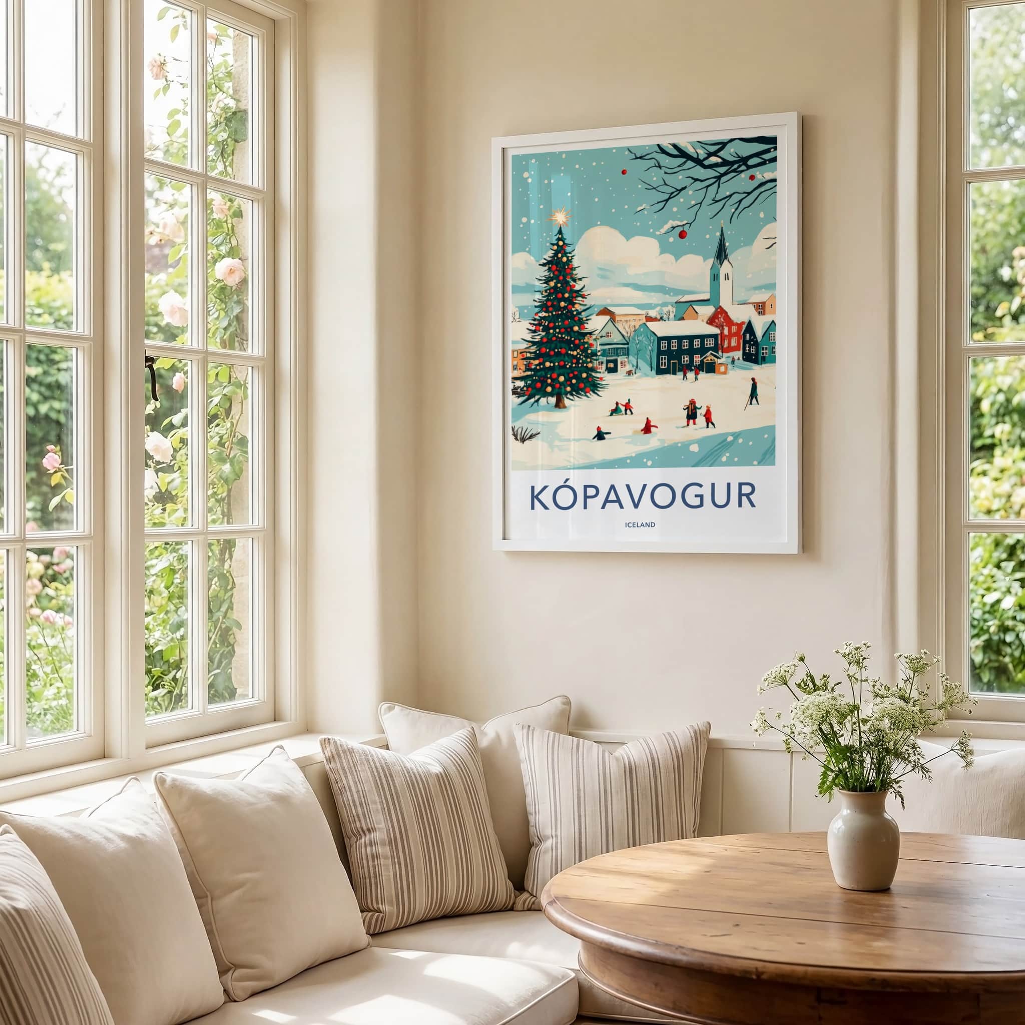 Kopavogur Poster - Iceland Travel Art - Snowy Town Christmas Home Decor