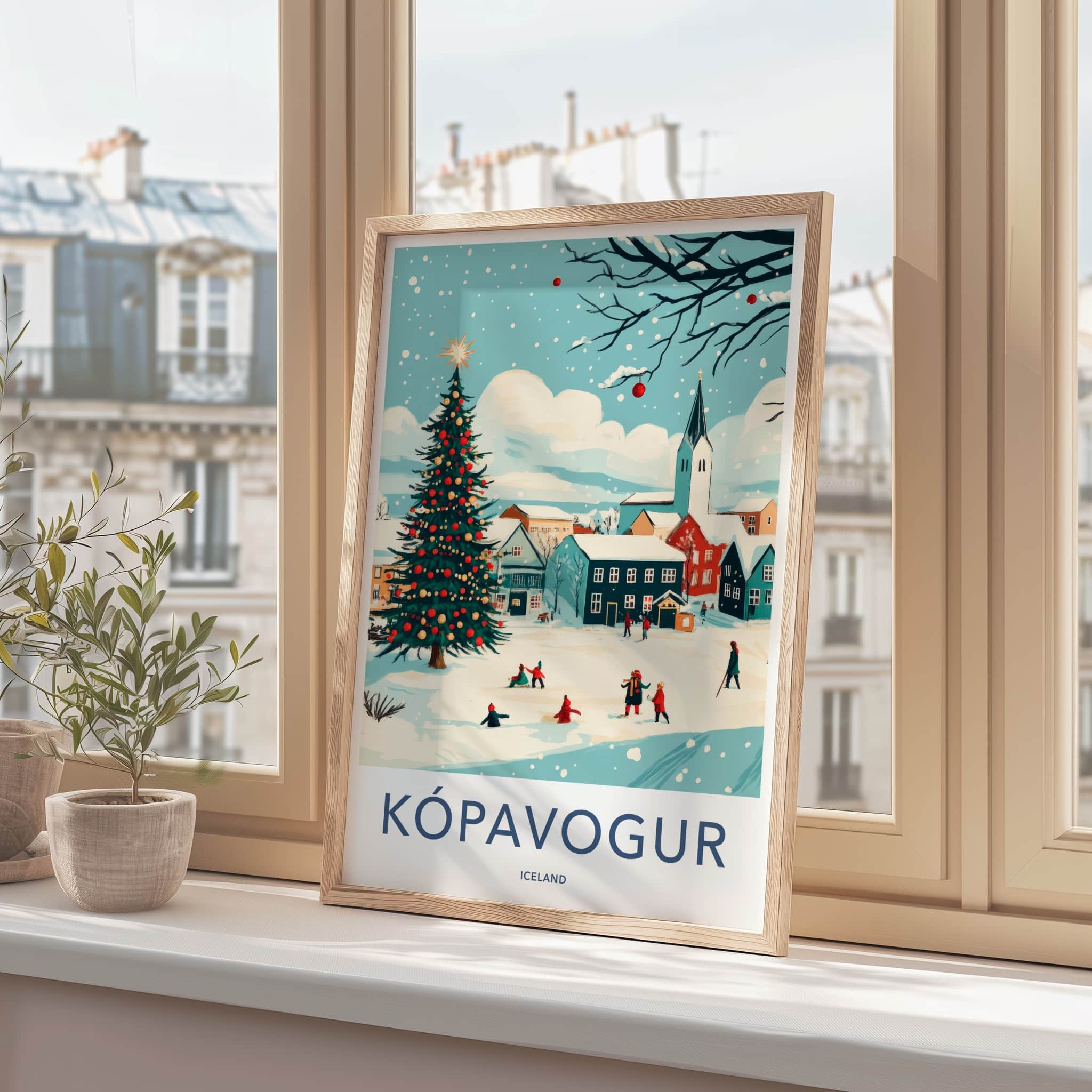 Kopavogur Poster - Iceland Travel Art - Snowy Town Christmas Home Decor
