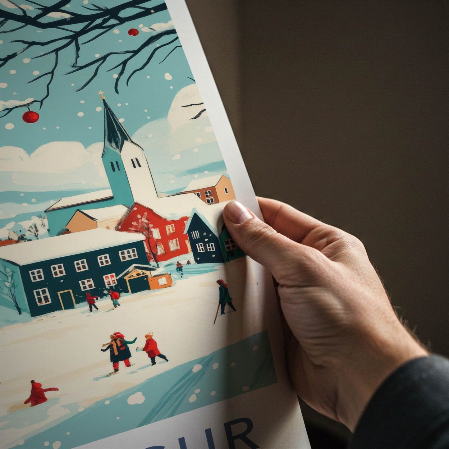Kopavogur Poster - Iceland Travel Art - Snowy Town Christmas Home Decor