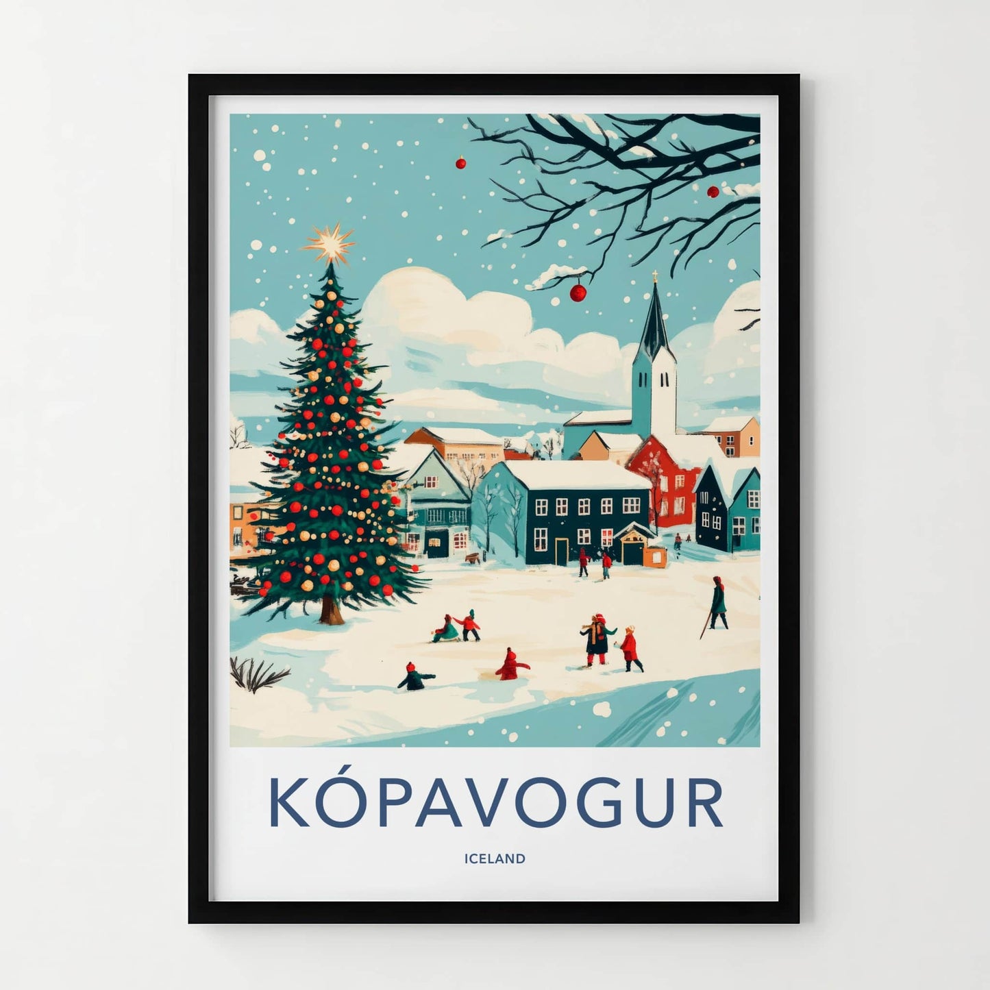 Kopavogur Poster - Iceland Travel Art - Snowy Town Christmas Home Decor