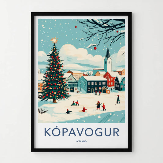 Kopavogur Poster - Iceland Travel Art - Snowy Town Christmas Home Decor