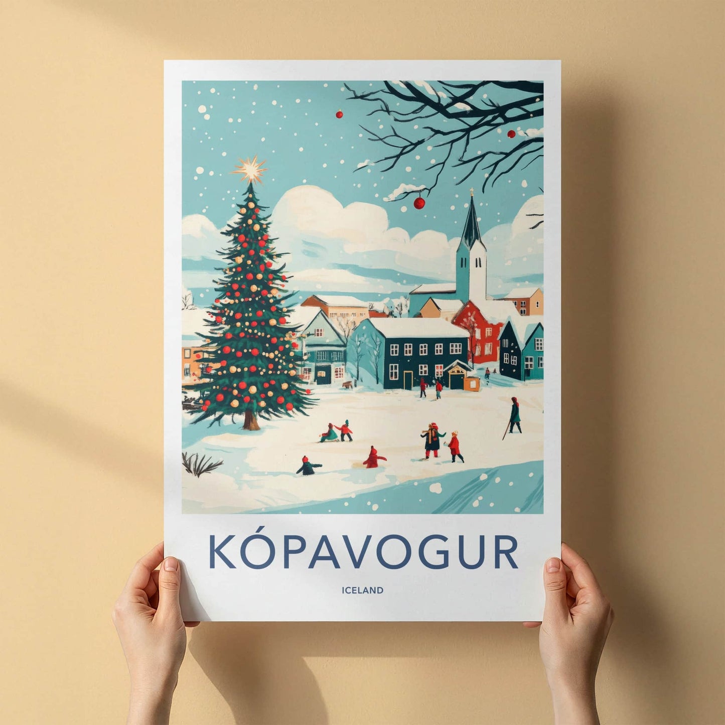 Kopavogur Poster - Iceland Travel Art - Snowy Town Christmas Home Decor