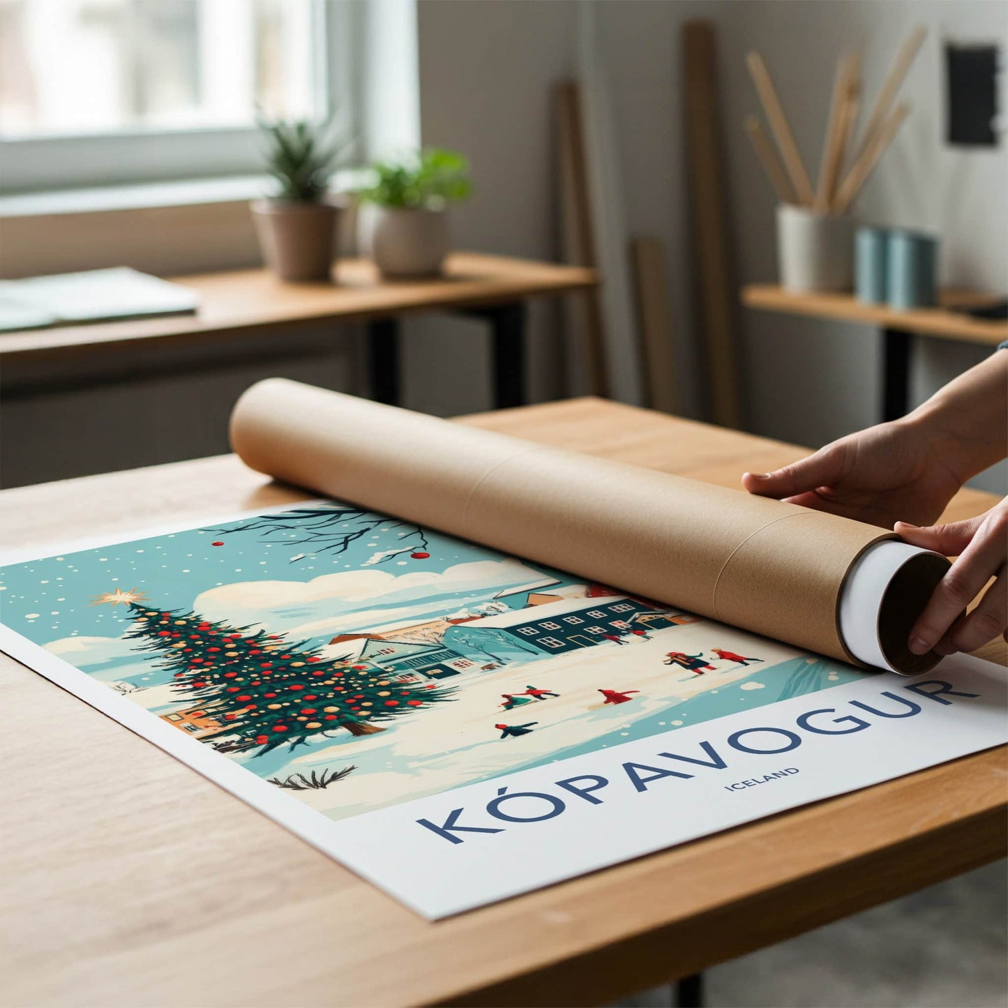 Kopavogur Poster - Iceland Travel Art - Snowy Town Christmas Home Decor
