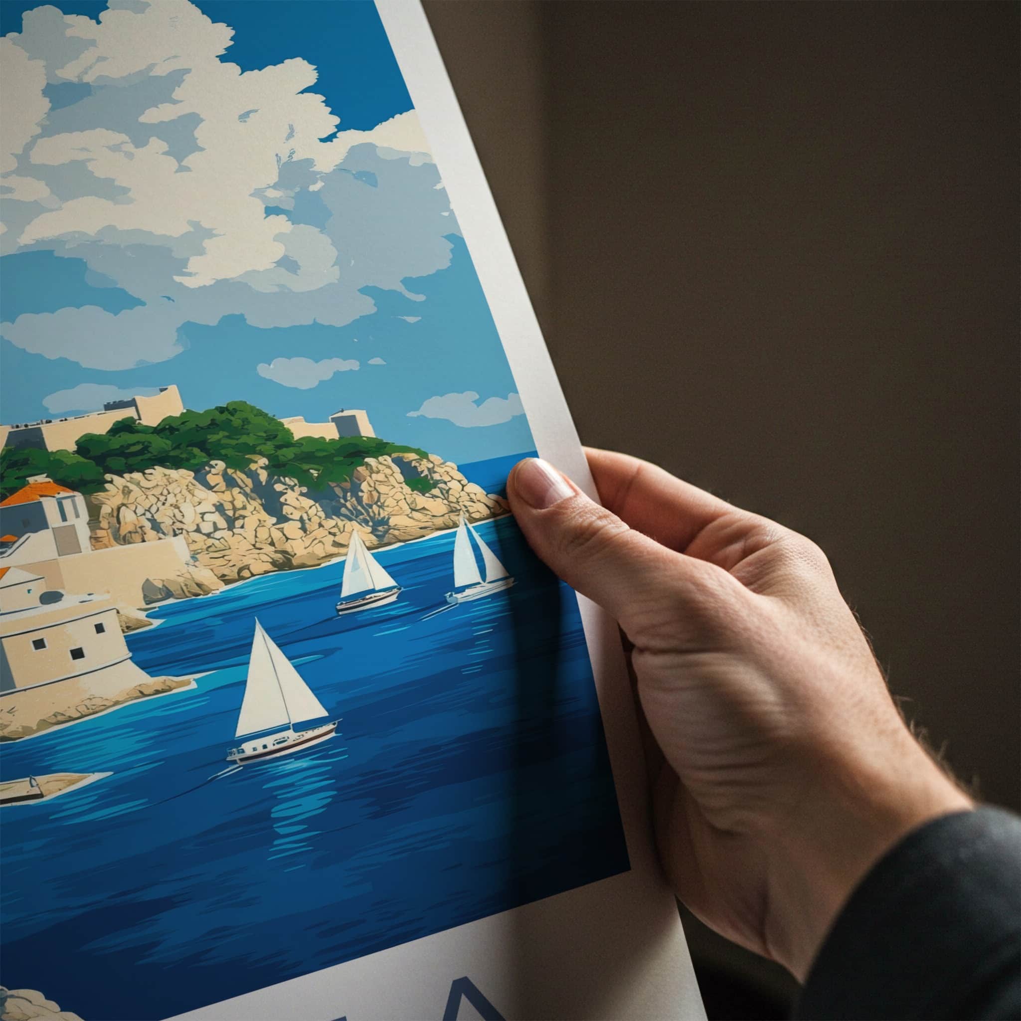 Korcula Poster - Croatia Travel Art - Cliffside Town Seascape Home Decor