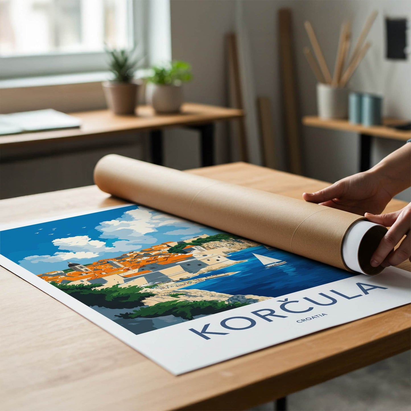 Korcula Poster - Croatia Travel Art - Cliffside Town Seascape Home Decor