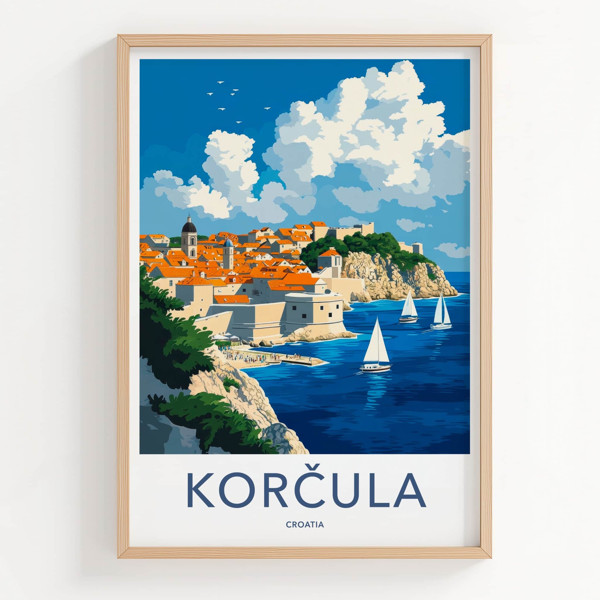 Korcula Poster - Croatia Travel Art - Cliffside Town Seascape Home Decor