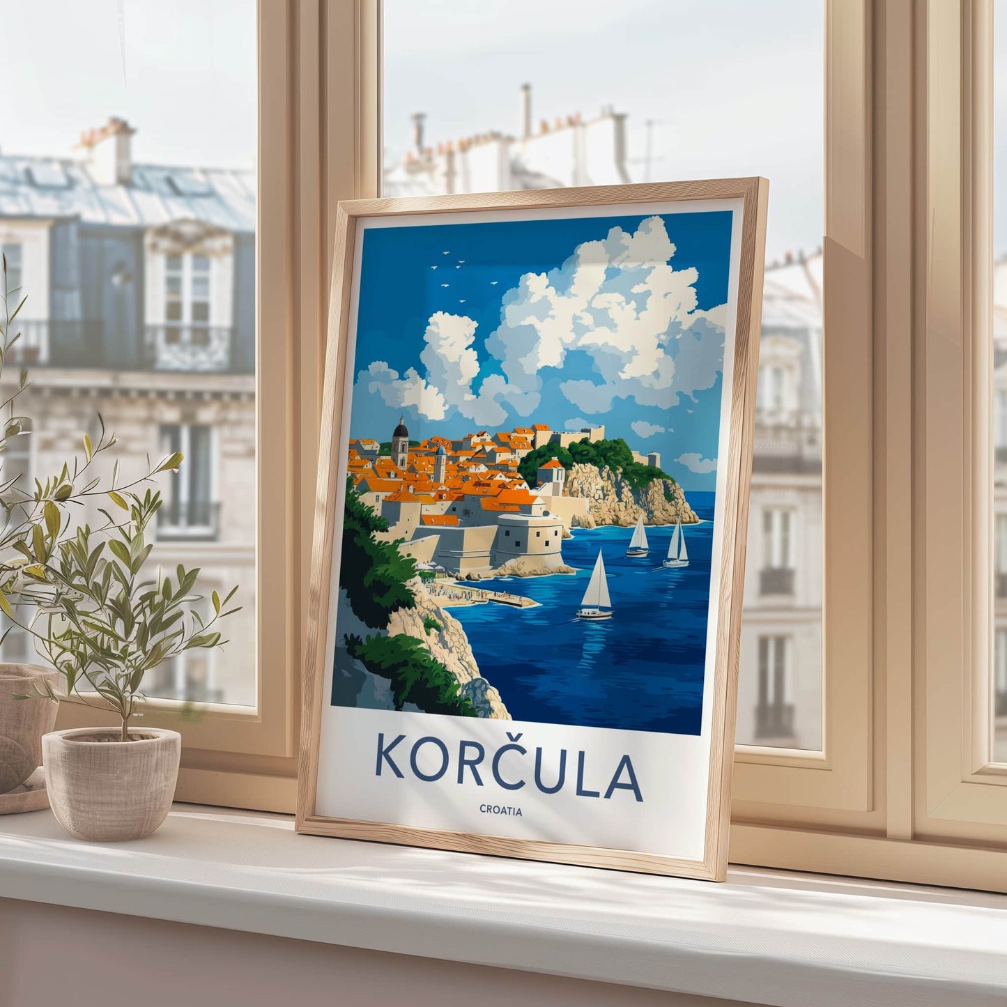 Korcula Poster - Croatia Travel Art - Cliffside Town Seascape Home Decor