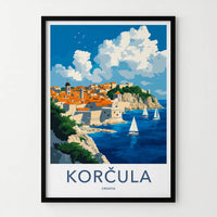 Korcula Poster - Croatia Travel Art - Cliffside Town Seascape Home Decor