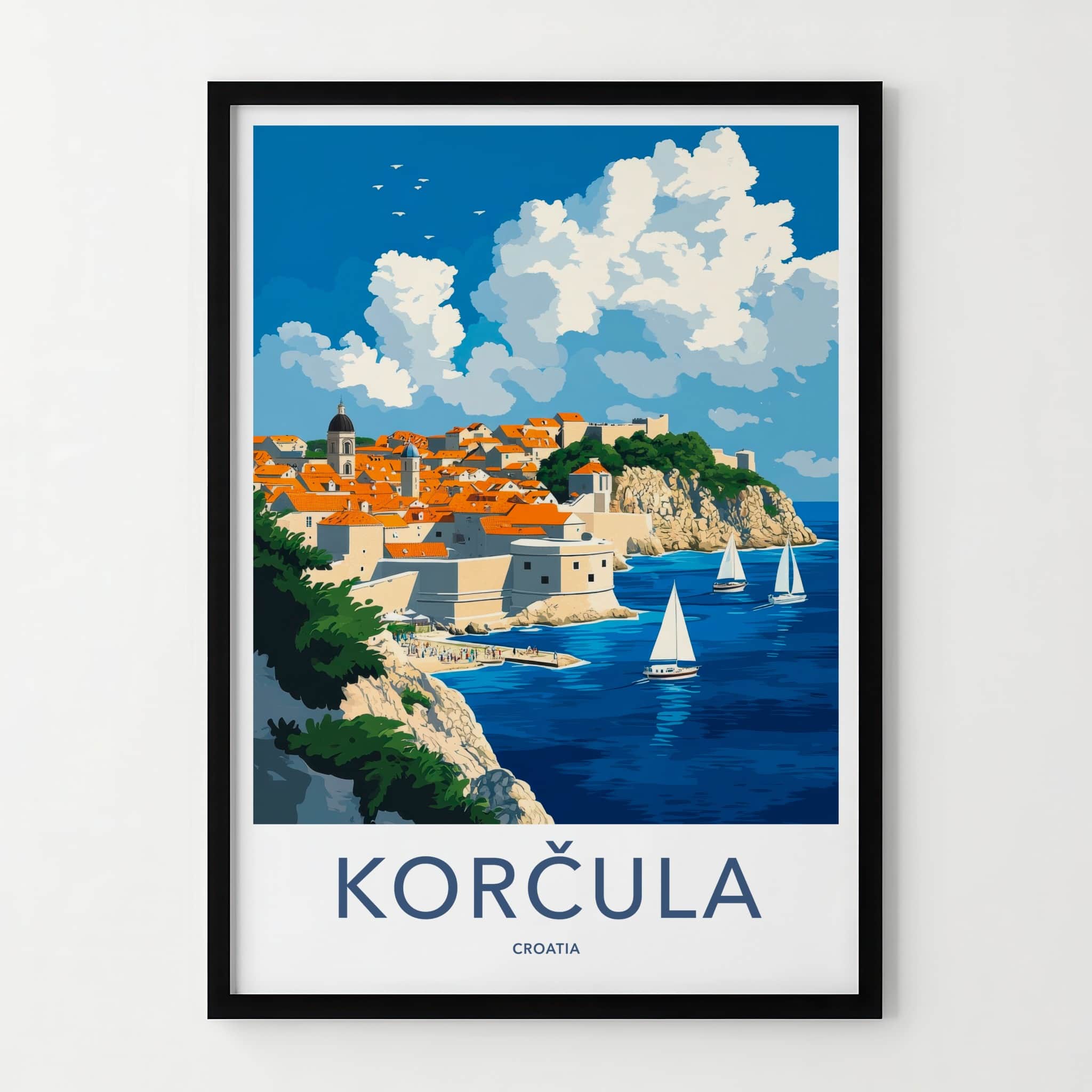 Korcula Poster - Croatia Travel Art - Cliffside Town Seascape Home Decor