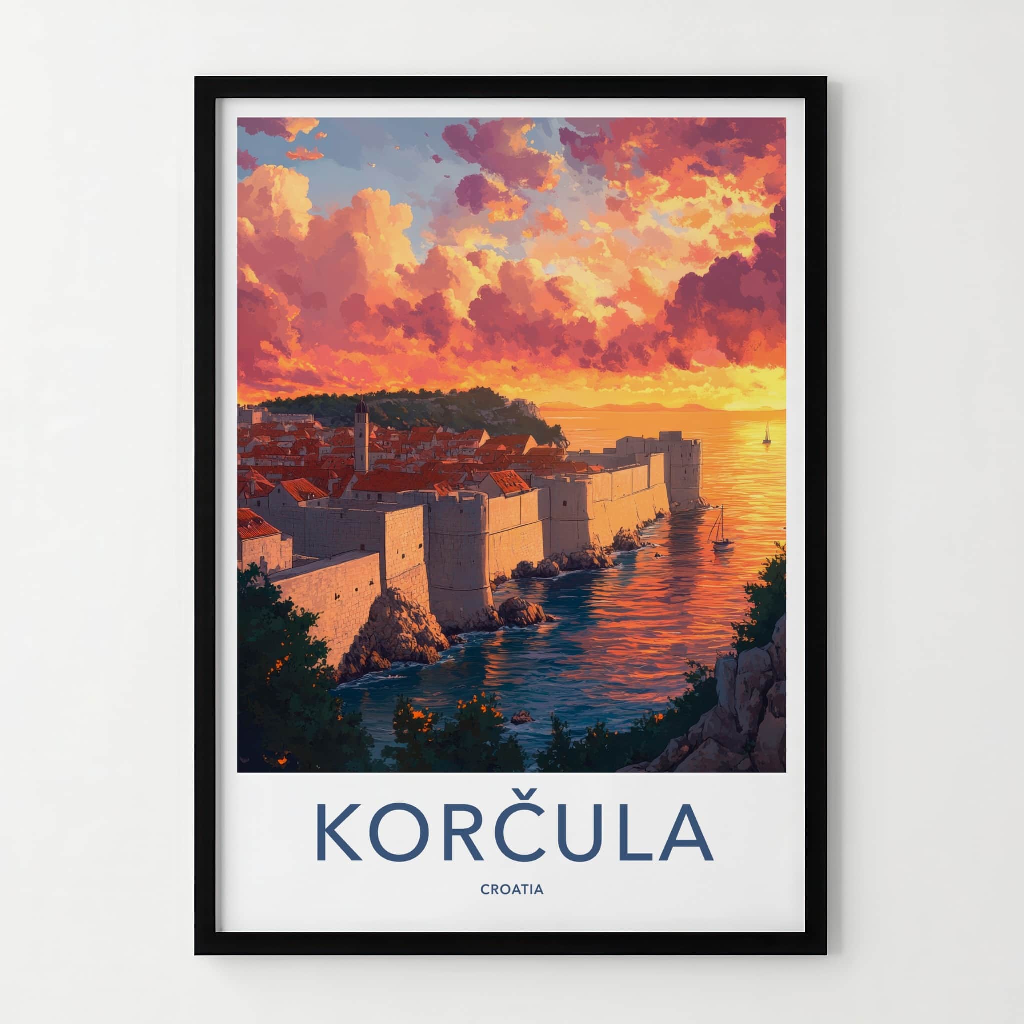 Korcula Poster - Croatia Travel Art - Dramatic Sunset Shore Home Decor