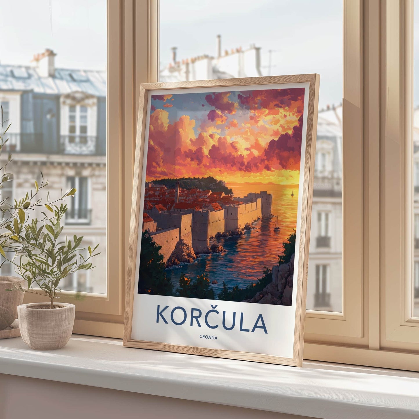 Korcula Poster - Croatia Travel Art - Dramatic Sunset Shore Home Decor